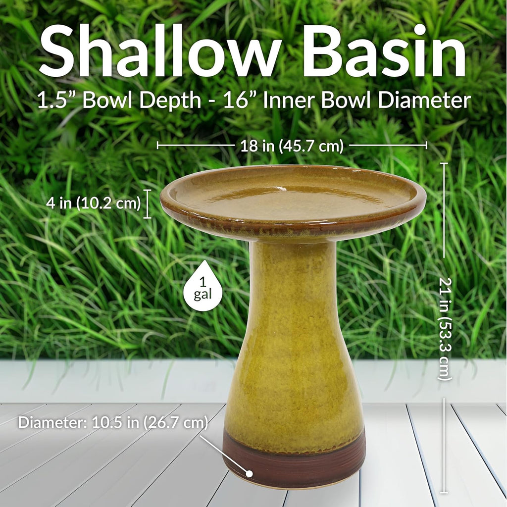 Sunnydaze 21" H Ceramic Bird Bath for Outside - Hand-Painted Outdoor Bird Bath Bowl, UV/Frost-Resistant Finish - Cognac Yellow - Ribbed Pedestal