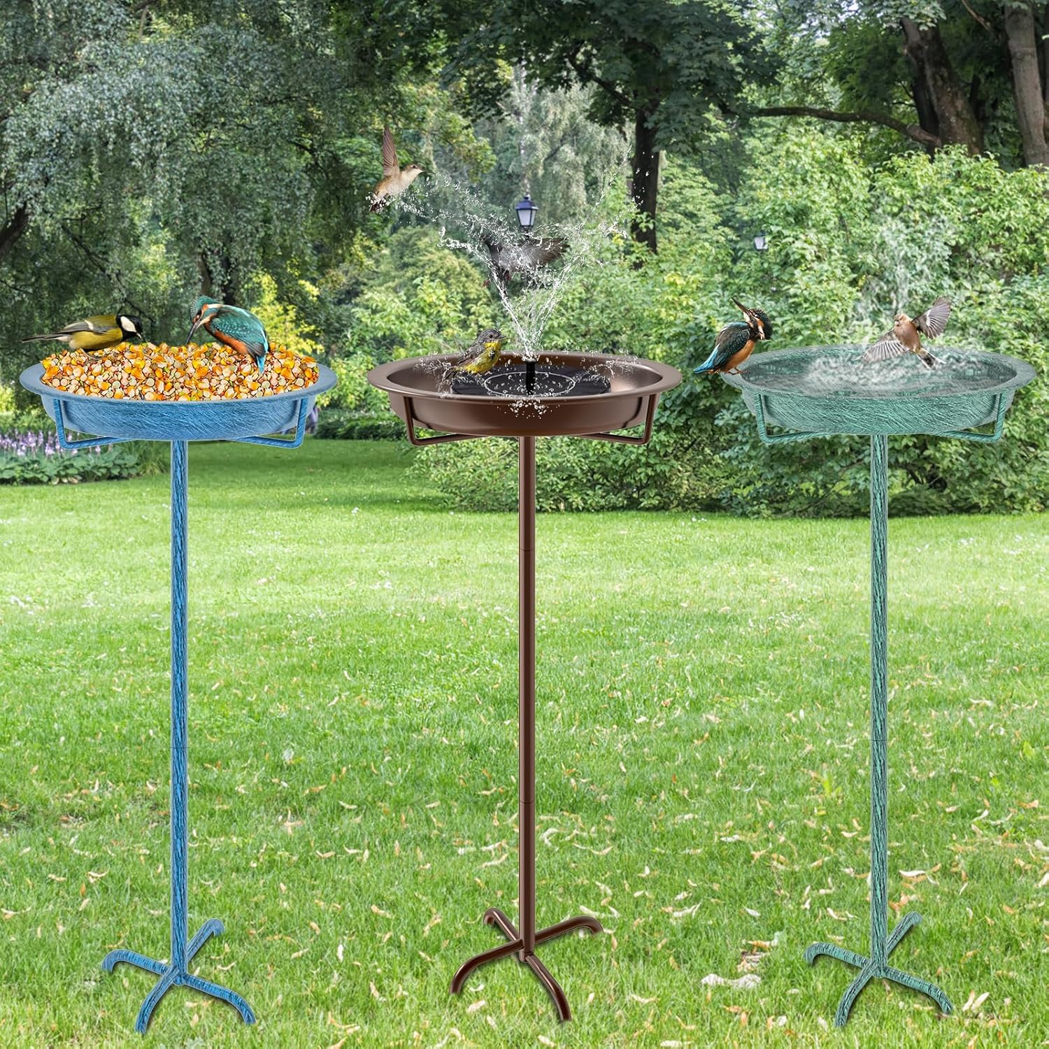 Metal Bird Bath for Outside, 36.2" Height Birdbath Bowl Standing Bird Feeders for Outdoors with 4 Prongs Base Stake, Freestanding Birdfeeders for Garden Yard Lawn Decor (Retro Blue)