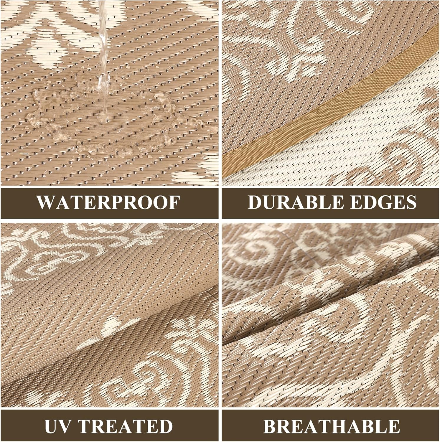 Pauwer Waterproof Outdoor Rug 8ft, Reversible Plastic Straw Patio Camping Rug, Indoor Outdoor RV Mat Carpet for Deck, Camper, Porch, Balcony, Backyard, Picnic, Floral Brown