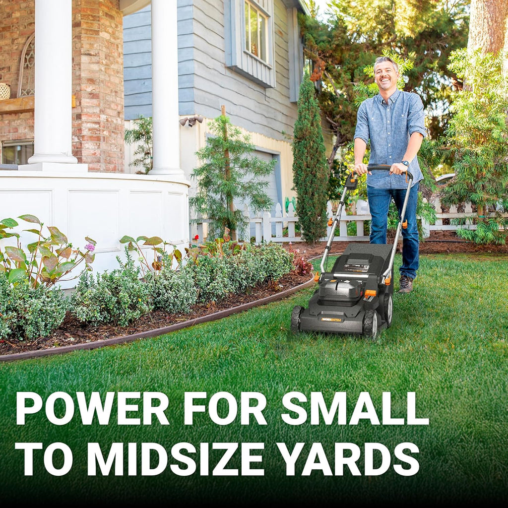 WORX 40V 17'' Cordless Lawn Mower for Medium Size Yards, 2-in-1 Electric Mower Cuts to Edge, Compact & Lightweight Push Lawn Mower with 6-Position Height Adjustment – 2 Batteries & Charger Included