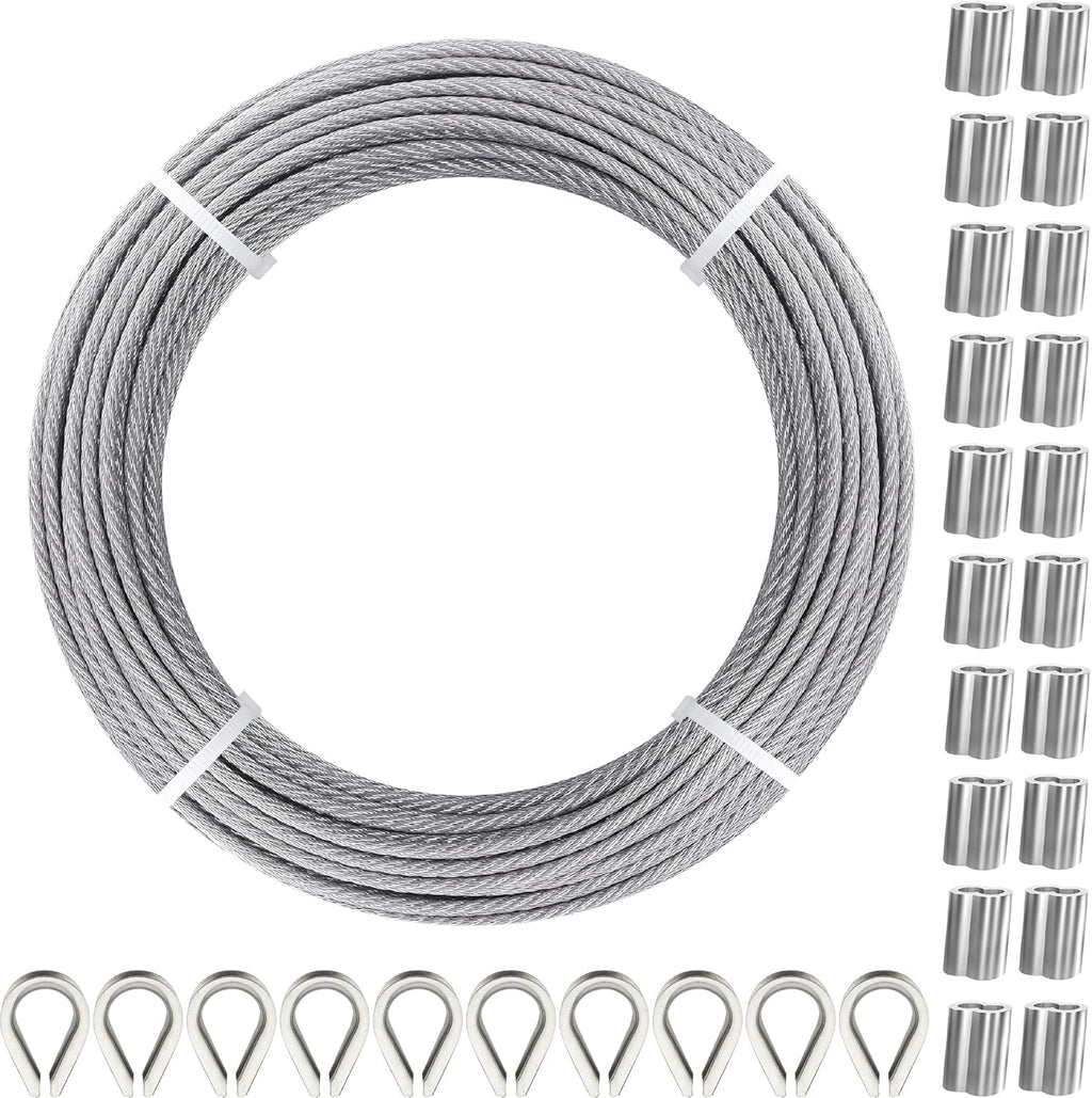 100FT 1/8" T316 Stainless Steel Cable with Cutter, 7x7 Strands Aircraft Wire Rope for Deck Railing, Stair Handrail, Porch Fence, High Strength for Indoor and Outdoor Use