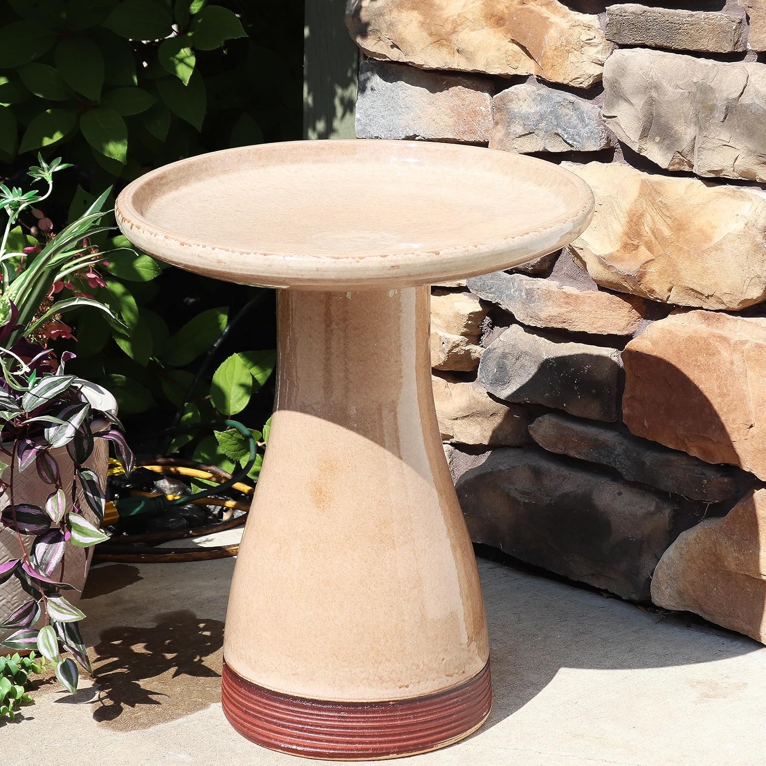 Sunnydaze 21" H Ceramic Bird Bath for Outside - Hand-Painted Outdoor Bird Bath Bowl, UV/Frost-Resistant Finish - Yam - Ribbed Pedestal