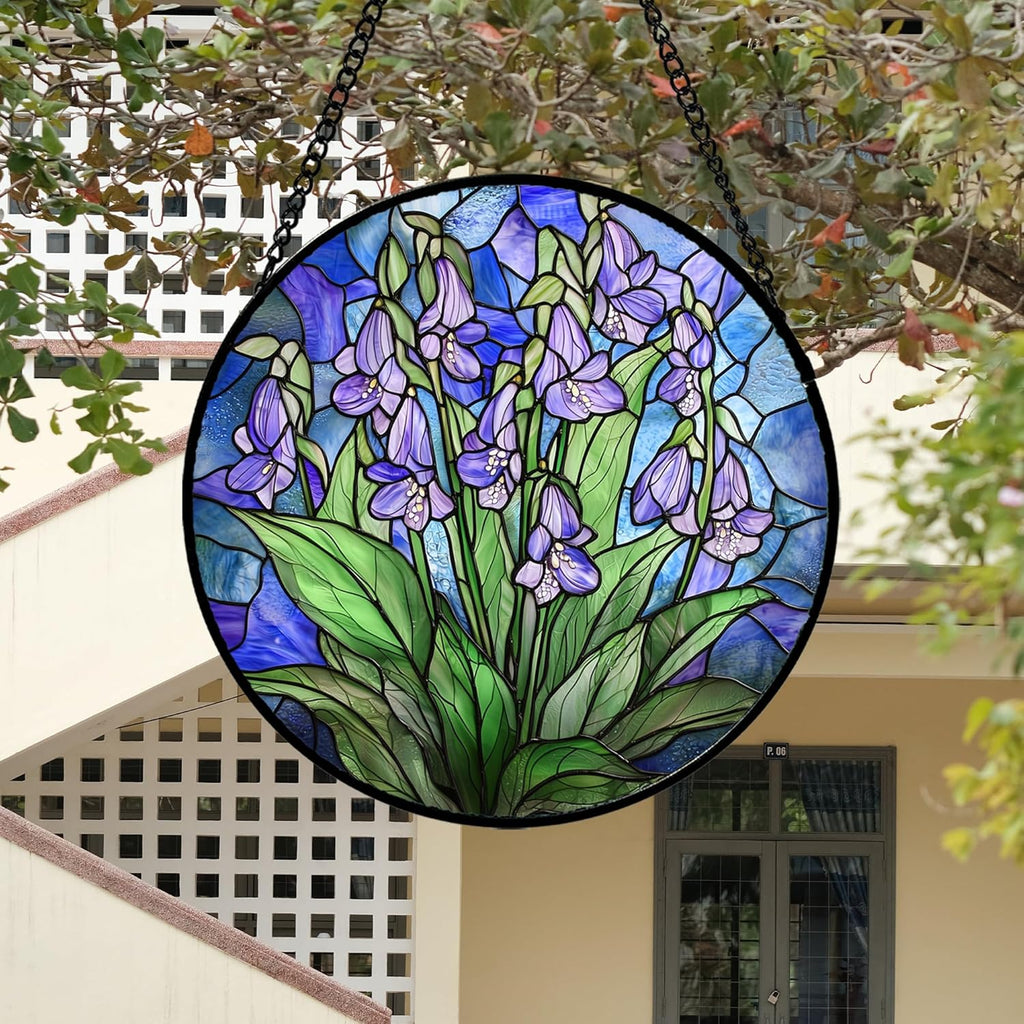 Stained Glass Suncatcher, Blue Purple Flowers Green Leaves Sun Catcher Plants Stain Glass Window Hanging Decoration Mother's Day Birthday Gifts for Women Men Mom and Nana 15 in