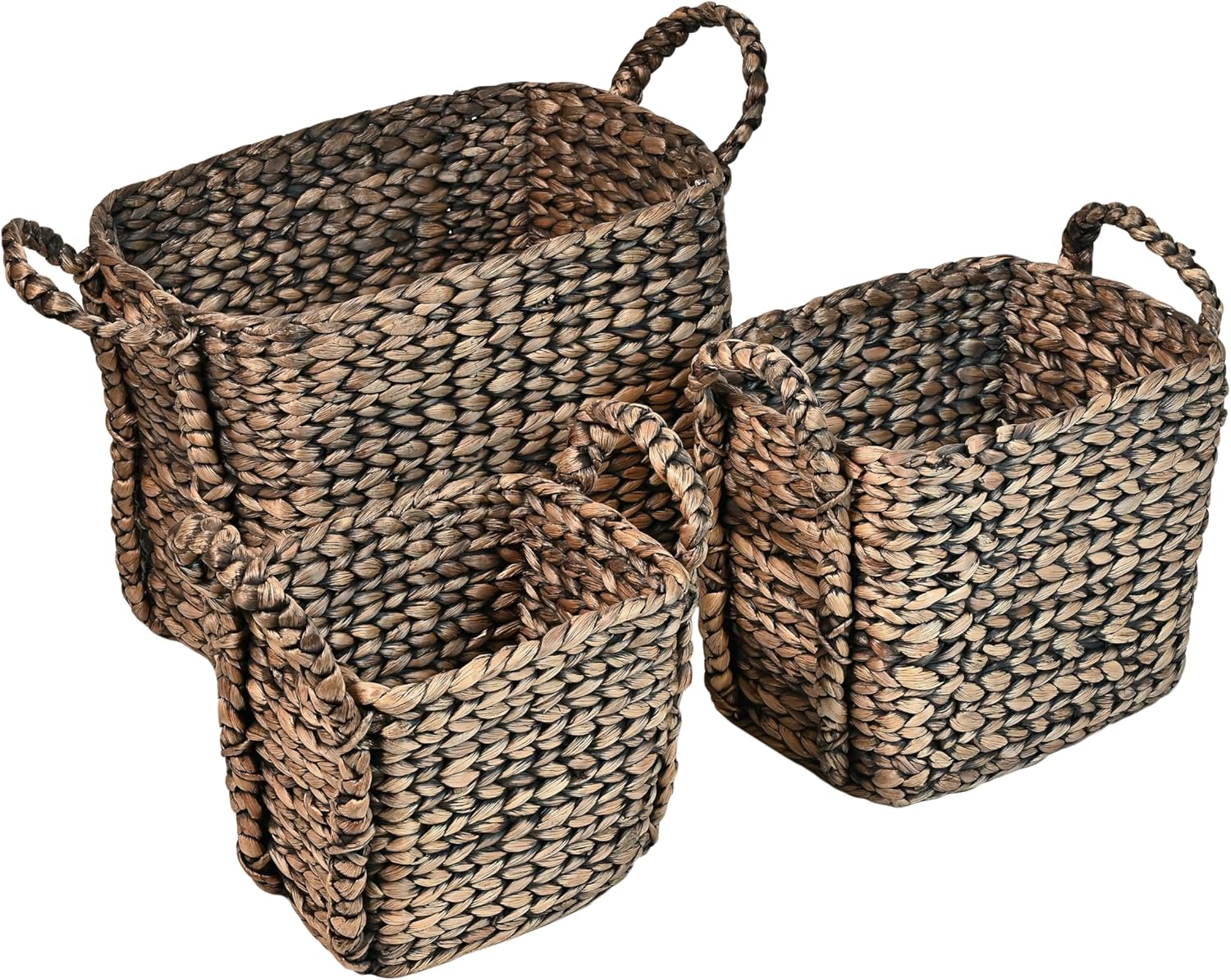 happimess BSK2001B-3SET Clara Farmhouse Classic Handwoven Hyacinth Rectangle Floor Wicker Storage Baskets with Handles, Brown (Set of 3), Seagrass Containers for Decoration in Living Room, Bedroom