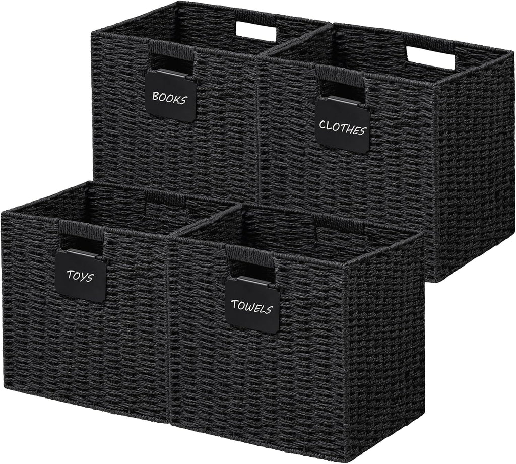 UBBCARE 4 Pack Wicker Basket, 12×12 Storage Cubes with Label, Foldable Cube Storage Bin with Handle, Square Storage Basket for Shelves, Woven Paper Rope Basket for Organizing, Black