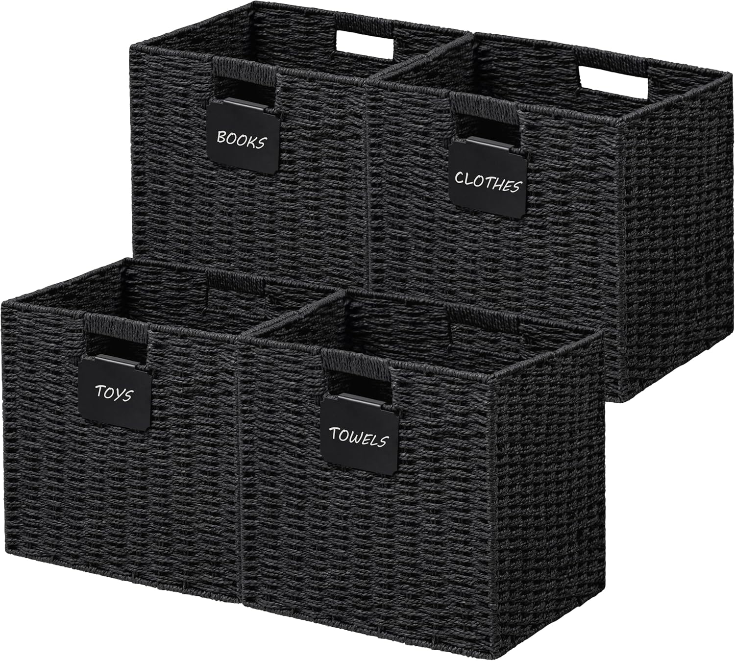 UBBCARE 4 Pack Wicker Basket, 12×12 Storage Cubes with Label, Foldable Cube Storage Bin with Handle, Square Storage Basket for Shelves, Woven Paper Rope Basket for Organizing, Black