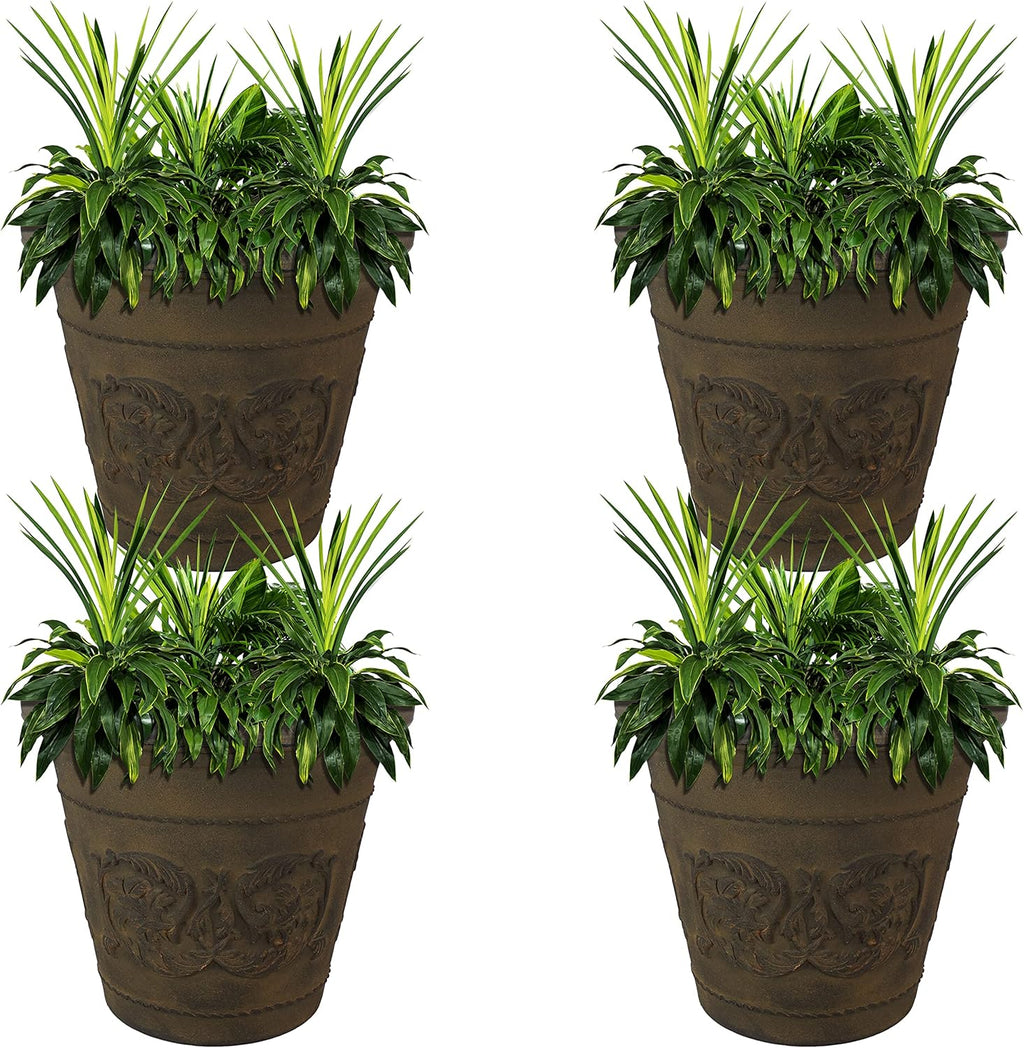 Sunnydaze 19.5-Inch Arabella Large Plant Pot - Polyresin Round Outdoor Planter with Drillable Drainage Holes - 4 Pack - Sable