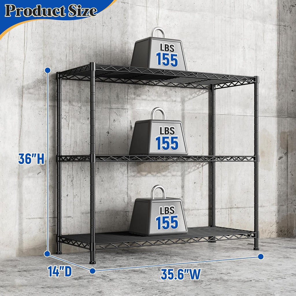 3- Shelf Metal Shelving Unit 35.6Wx14Dx36H Adjustable Storage Shelves Heavy Duty Garage Shelving Steel Wire Shelving for Laundry Bathroom Kitchen Pantry Closet Garage Black