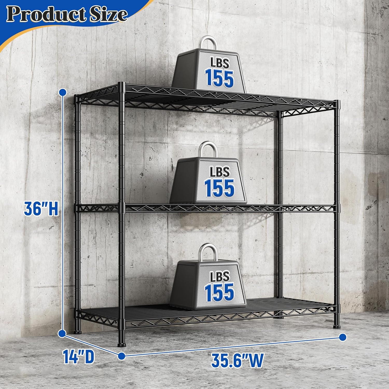 3- Shelf Metal Shelving Unit 35.6Wx14Dx36H Adjustable Storage Shelves Heavy Duty Garage Shelving Steel Wire Shelving for Laundry Bathroom Kitchen Pantry Closet Garage Black