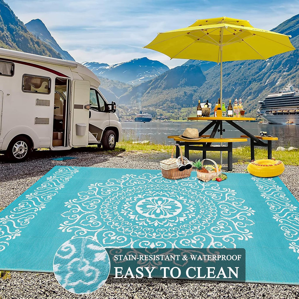 Pauwer Waterproof Outdoor Rug 8x10, Reversible Plastic Straw Patio Camping Rug, Indoor Outdoor RV Mat Carpet for Deck, Camper, Porch, Balcony, Backyard, Picnic, Floral Teal