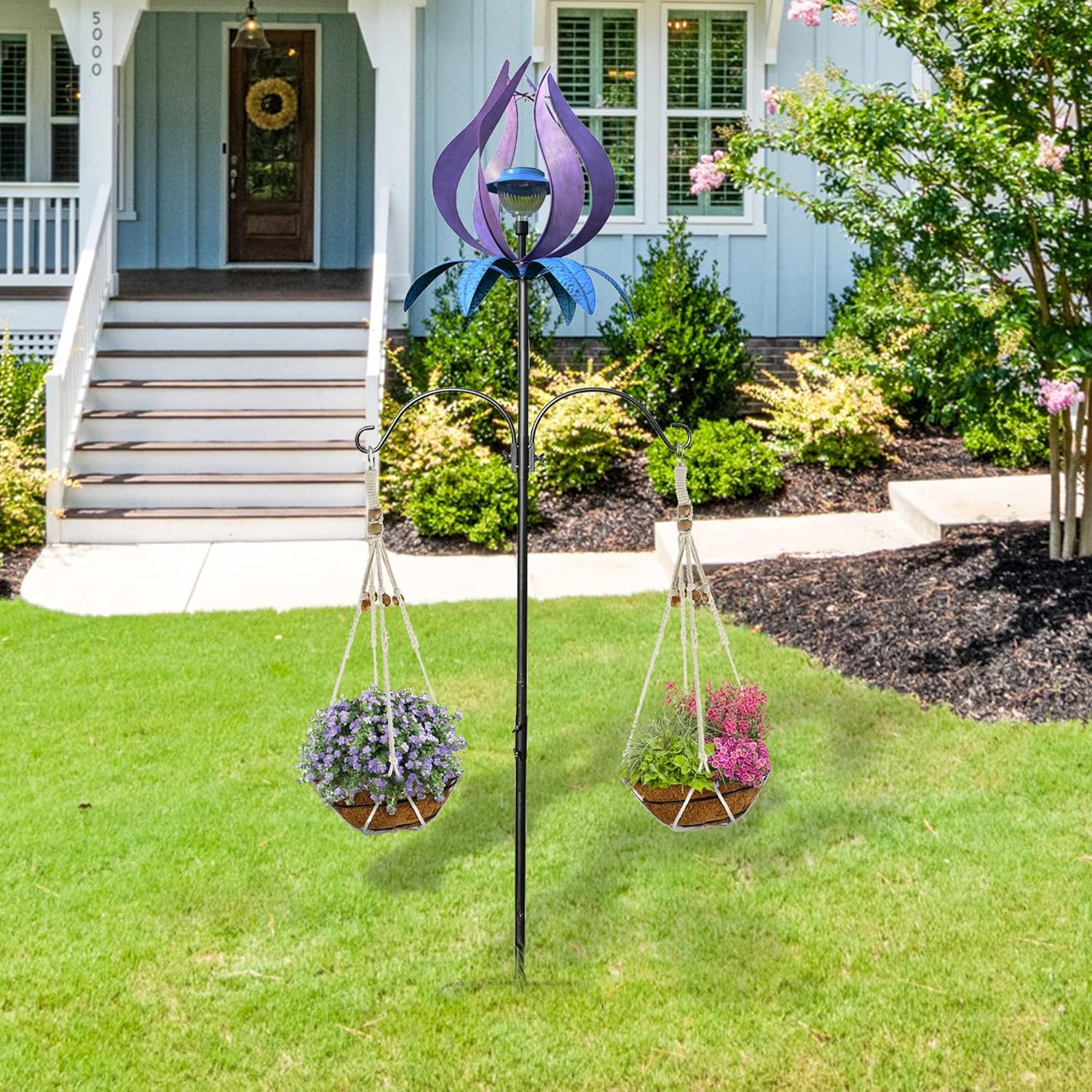 J-Fly Metal Wind Spinner Outdoor Terrace Windmill LED Solar Landscape Light Outdoor Garden Decoration for Lawn Garden Park Decoration Double Coconut Flower Basket Metal Pile 83 Inch