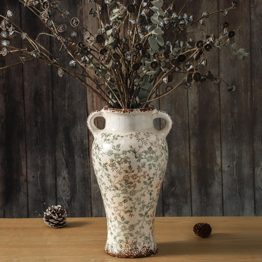 Enra Farmhouse Vintage vase with Handle,12.6 in Ceramic Chinoiserie Floral Vase,Green and Beige Decorative Flower vase,Large Rustic Vases for Home Decors, Living Room, Bookshelf, Office