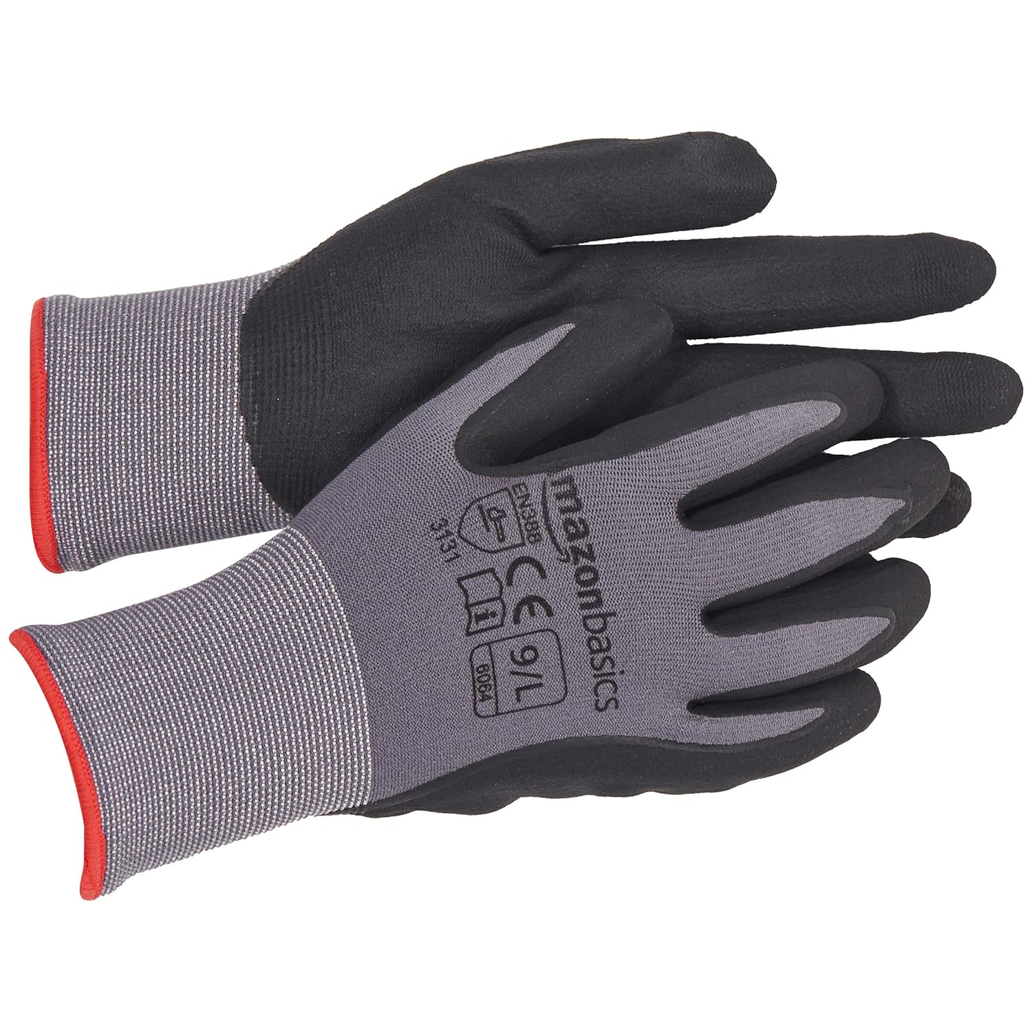 Amazon Basics Micro-Foam Nitrile Coated Work Gloves, Nylon Liner Fiber, Touch Screen, Grey, Size 9/L, 12 Pairs