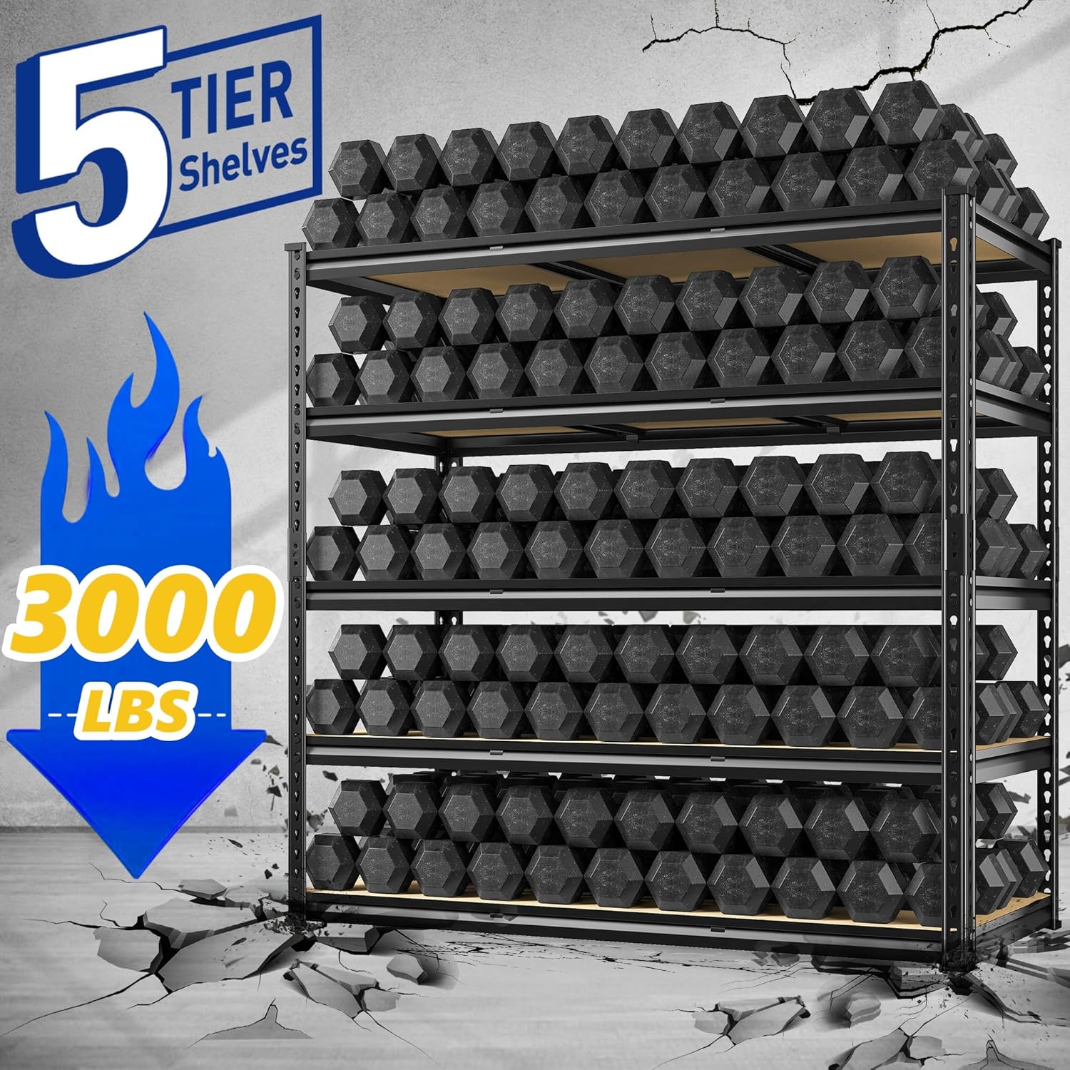 REIBII 48" W Garage Shelving Heavy Duty, 3000LBS Storage Shelves, 5-Tier Adjustable Metal Shelving, Garage Shelves Sturdy Industrial Shelf, Easy Assemble, 72" H x 48" W x 18" D