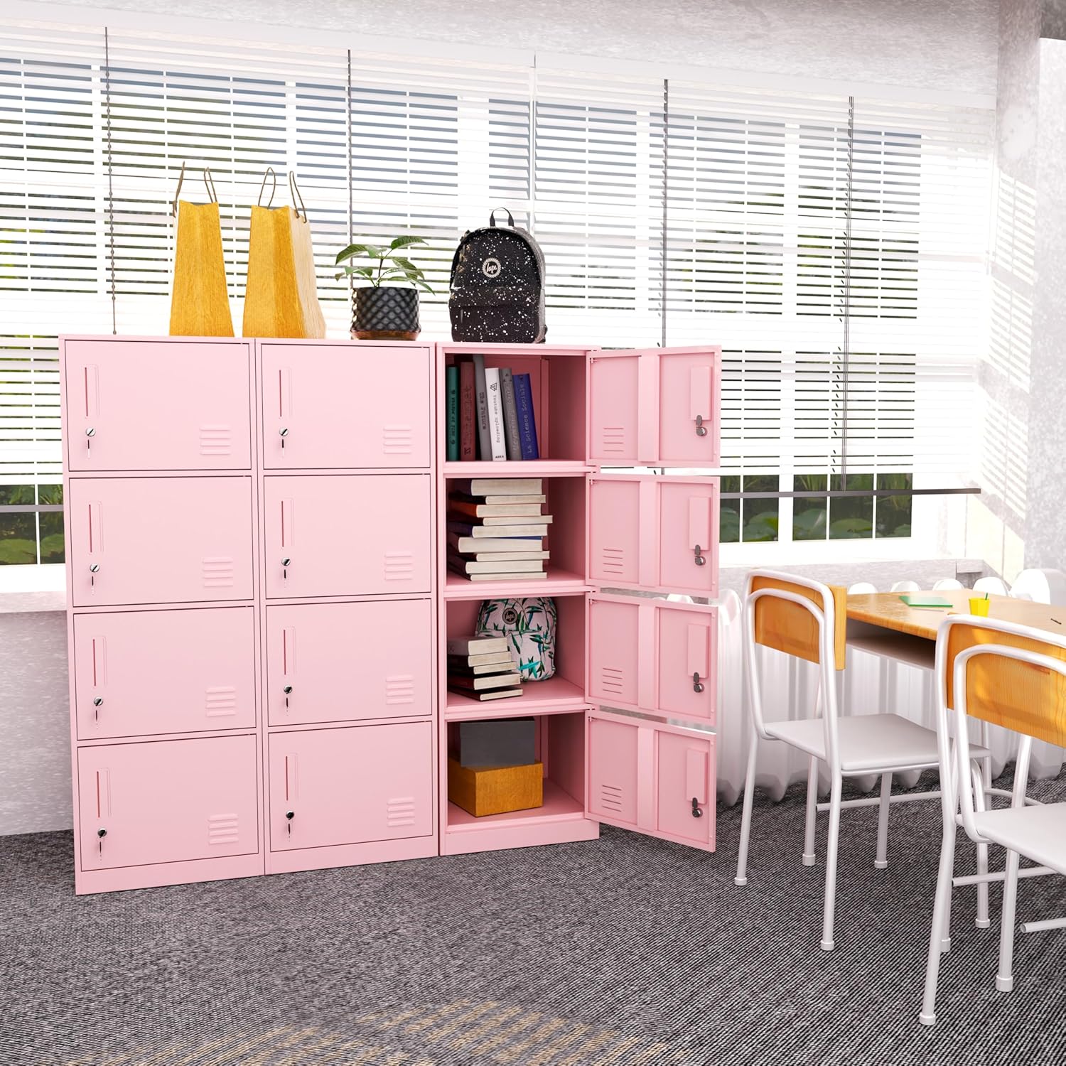 4 Door Metal Storage Locker Cabinet for Office, Home, Gym, School, Steel Cabinet to Storage File, Toys, Shoes and Sports Equipment, Locker Organizer for Gym Office Bedroom (4 Door, Pink)