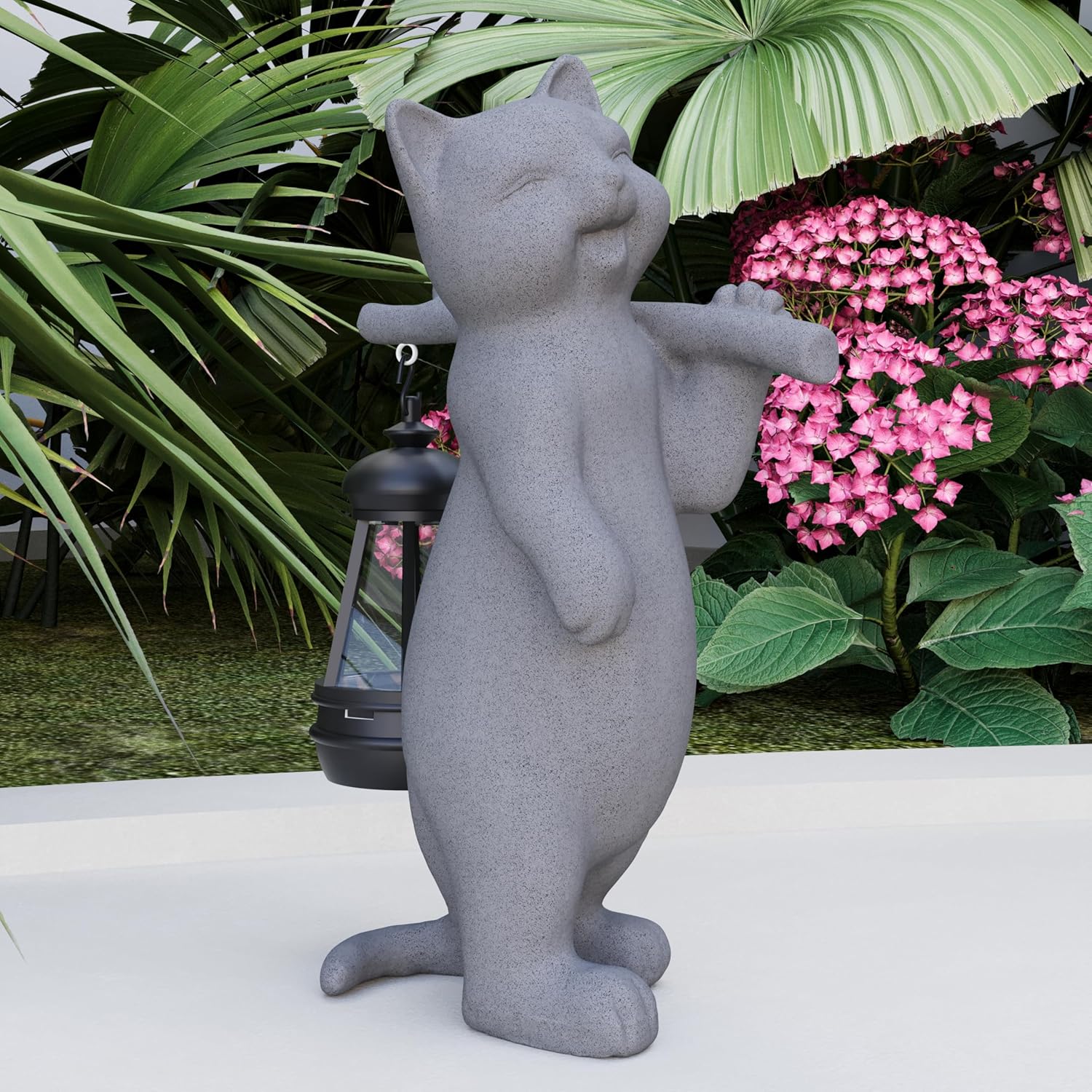 Garden Decoration, Figurine, Lawn Statue, Sculpture Ornament, Animal Figurine - Cat Resin Statue with Lantern (Walking01)