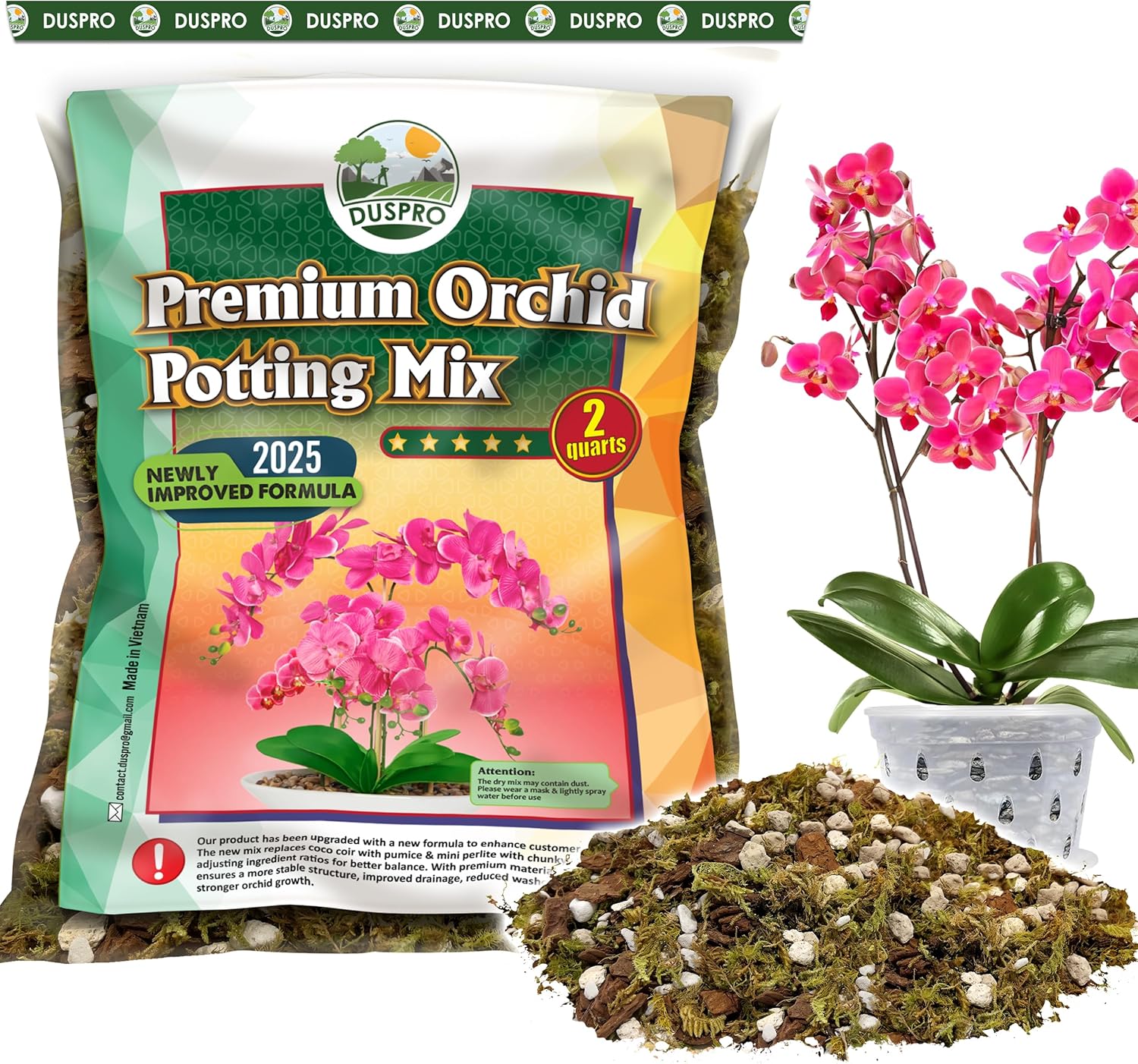 [Upgraded] DUSPRO Orchid Potting Mix for Repotting with Forest Moss, Pine Bark, Perlite & Pumice Natural Ingredients, Orchid Bark Potting Mix, Orchid Repotting Kit Drainage Indoor Potting Medium 2QT
