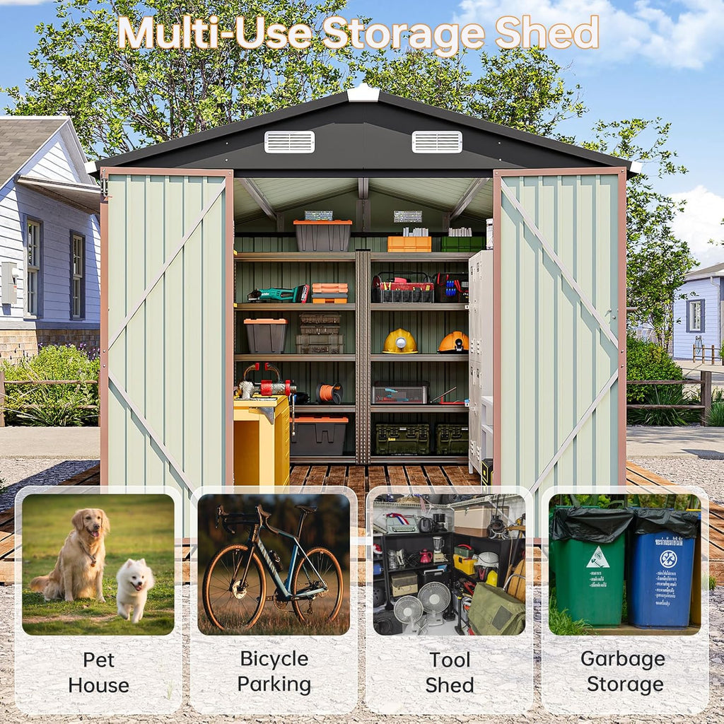 8x12 FT Outdoor Storage Shed, Utility Steel Tool Shed with Lockable Door and Air Vents, Galvanized Metal Shed for Garden Backyard Patio Lawn (8'x12', Brown)