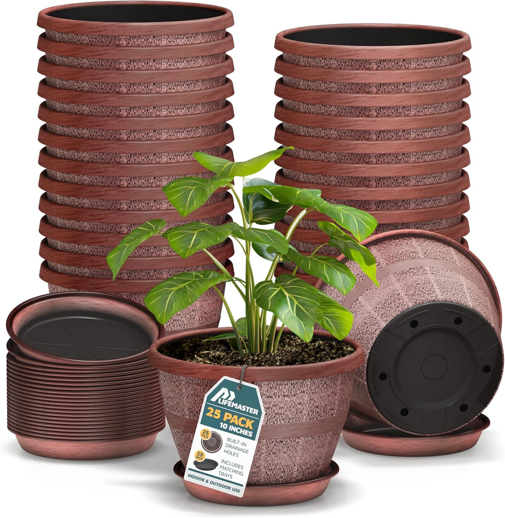 10-Inch Whiskey Barrel Planters Outdoor Pack of 25 - Durable Plastic Plant Pots for Indoor & Outdoor Use with Drainage & Saucer, Lightweight Rustic Barrel Planters for Flowers, Herbs & Small Plants