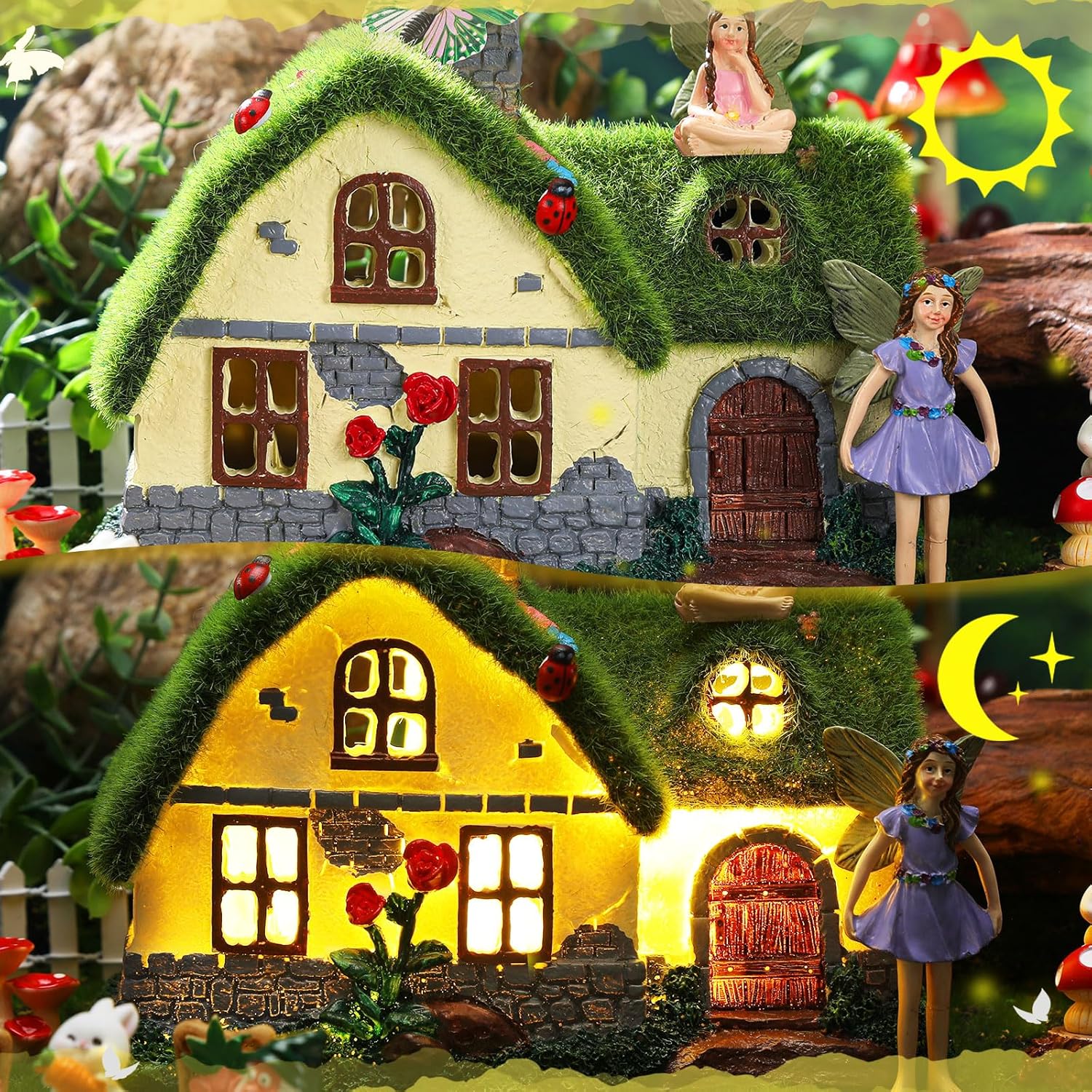 Suzile 50 Pcs Solar Fairy House Garden Accessories Light up Flocked Fairy Figures Garden Kit Green Resin Miniature Mushroom Figures Micro Landscape Ornament (Stone Grass House)