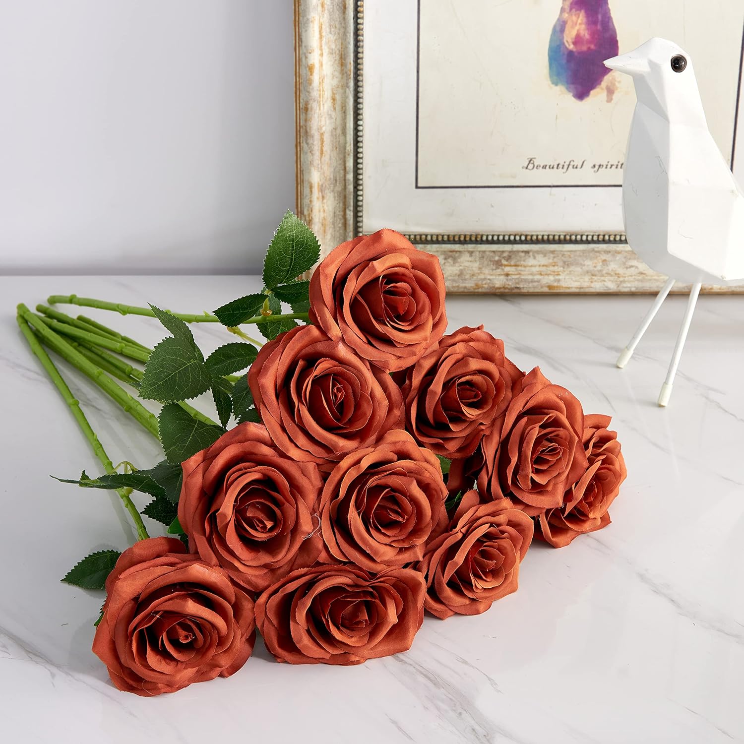 Artificial Rose 10pcs Open Flower Bouquet Faux Rose Stems for Wedding Arrangement, Bridal Bouquet, Centerpiece, Fake Faux Silk Flowers (Burnt Orange)