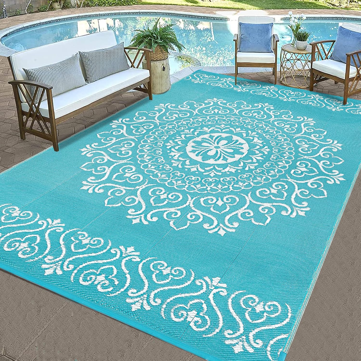 Pauwer Waterproof Outdoor Rug 6x9, Reversible Plastic Straw Patio Camping Rug, Indoor Outdoor RV Mat Carpet for Deck, Camper, Porch, Balcony, Backyard, Picnic, Floral Teal