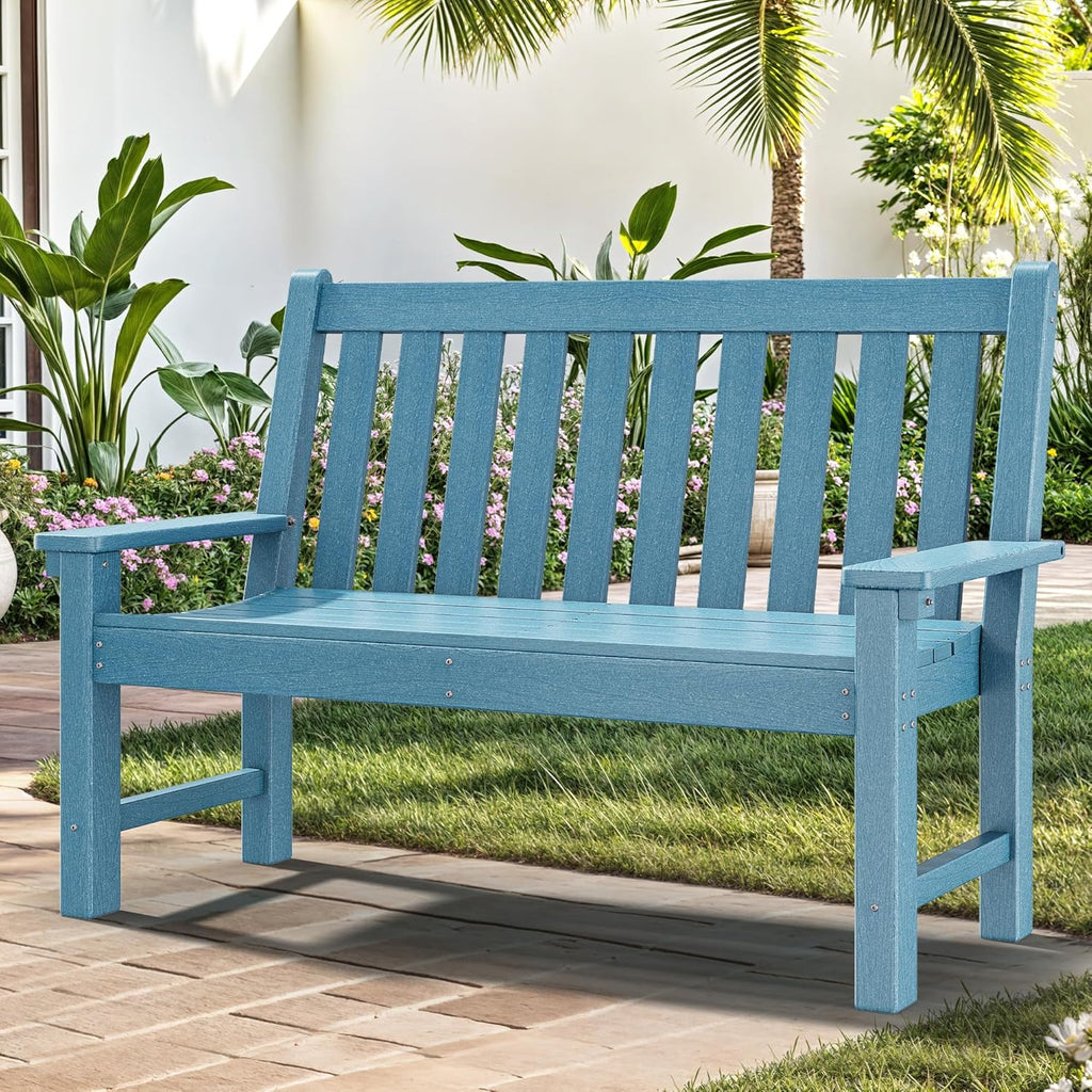 YITAHOME HDPE Garden Bench, All Weather Outdoor Bench w/Max Bearing 661LBS, 2-3 Persons Patio Bench Fade/Rot Resistance for Park, Porch, Patio & Backyard, Blue