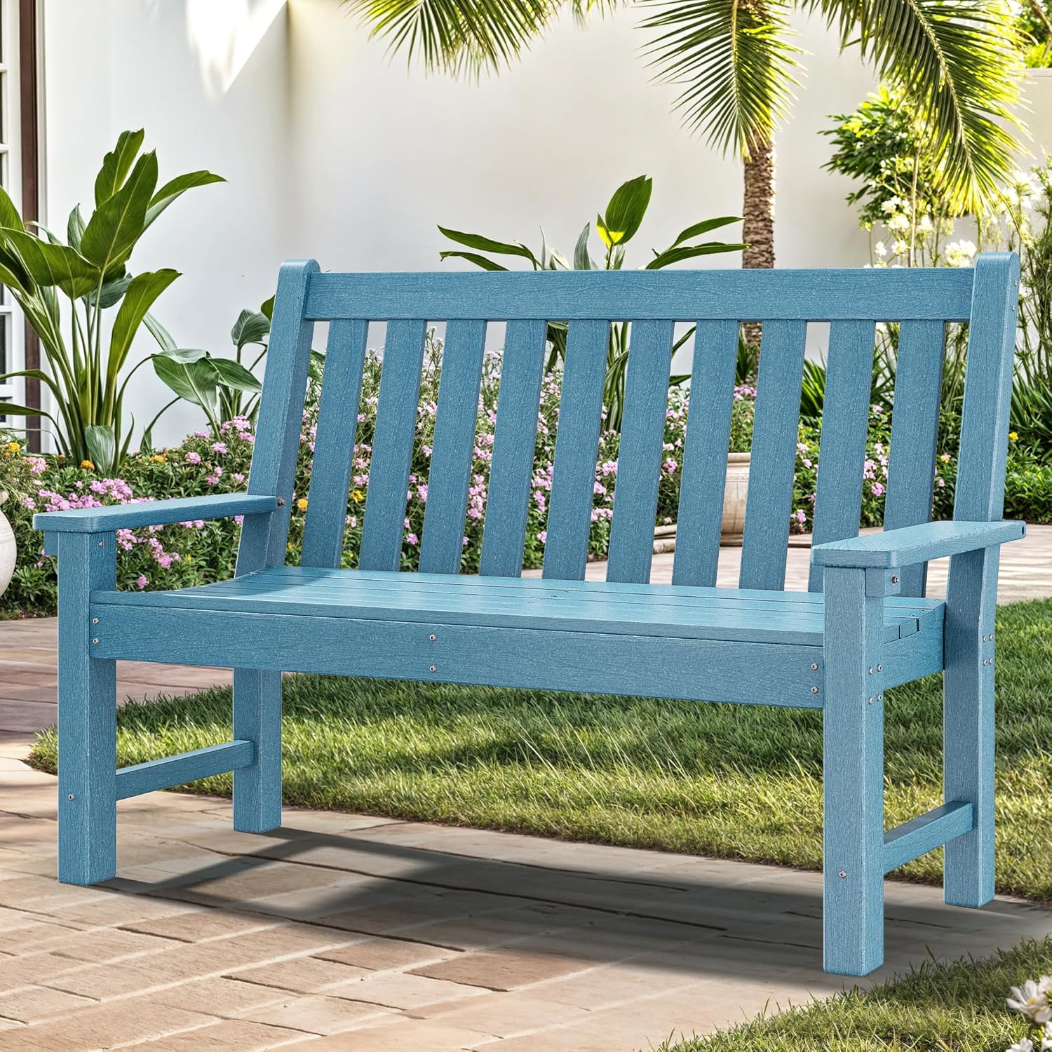 YITAHOME HDPE Garden Bench, All Weather Outdoor Bench w/Max Bearing 661LBS, 2-3 Persons Patio Bench Fade/Rot Resistance for Park, Porch, Patio & Backyard, Blue