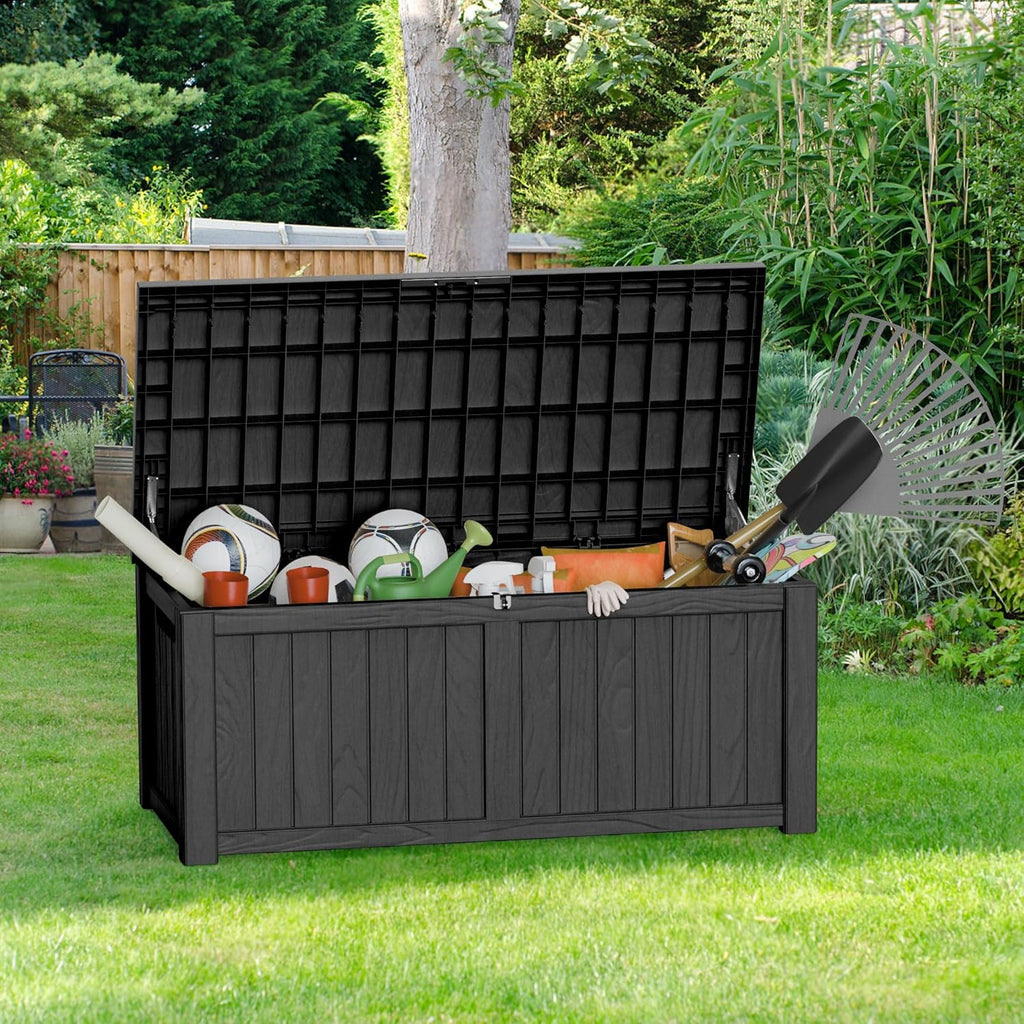 Extra-Large 150 Gallon Outdoor Chest Storage Waterproof - Outside Storage Box & Bench, Resin Deck Chest for Patio/Pool, Lockable UV-Resistant, Onyx Black