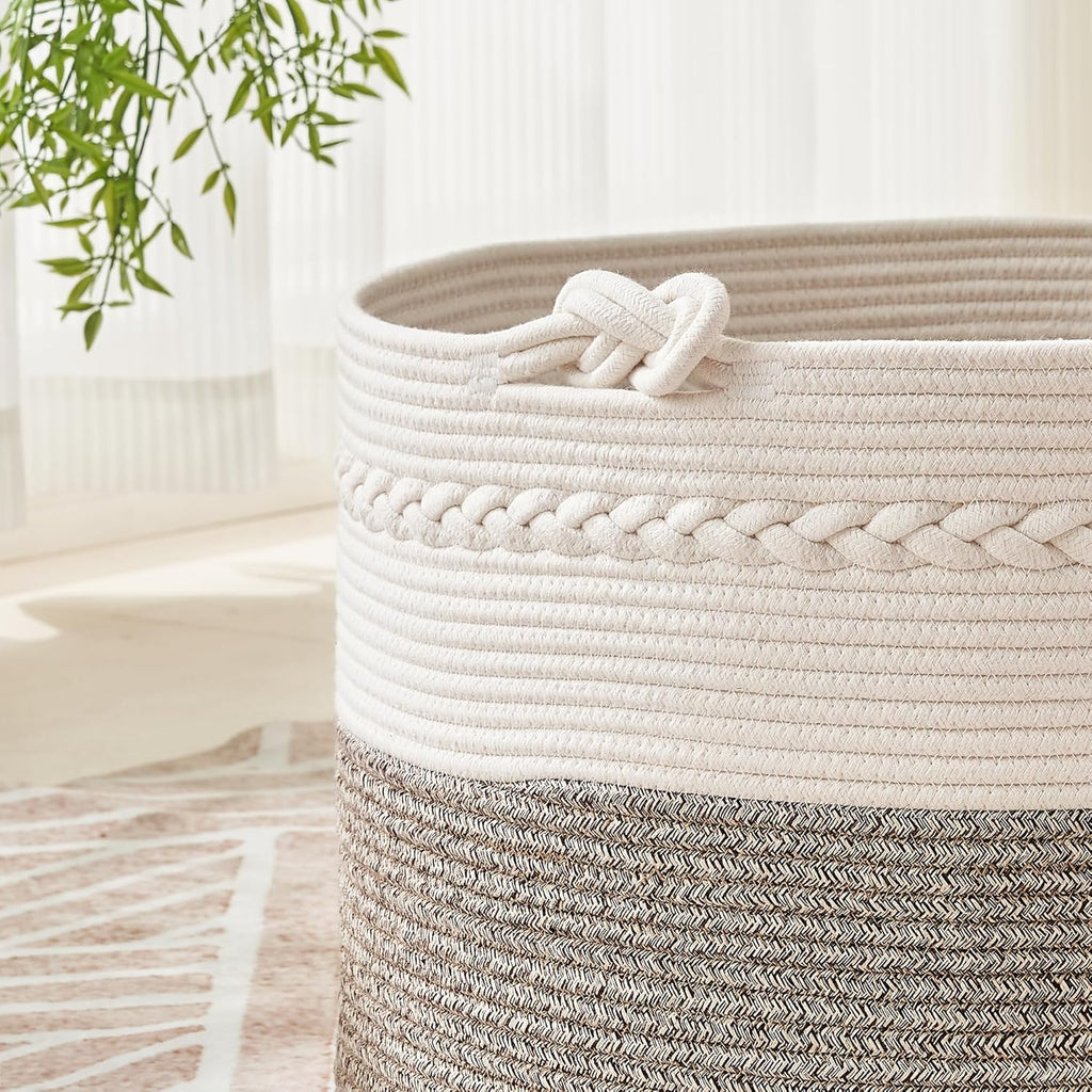 KAKAMAY Large Blanket Basket (20"x13"),Woven Baskets for storage Baby Laundry Hamper, Cotton Rope Blanket Basket for Living Room, Laundry, Nursery, Pillows, Baby Toy chest (White/Beige)