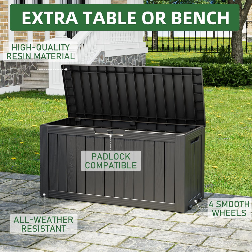 NUNU LAB 75 Gallon Outdoor Storage Box,Large Resin Sturdy Deck Box, Backyard Outside Storage Box Waterproof with Double Wall Panels,Package Delivery Garden Hose Storage Bin Outdoor Tool