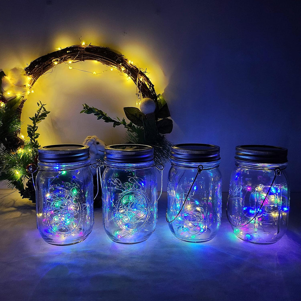 Decorman Solar Mason Jar Lights, 4 Pack 30 LED Fairy Star Firefly String Lids Lights with 4 Hangers for Patio Yard Garden Party Wedding Christmas Decoration(Jars Not Included) (4 Pack, Colorful)