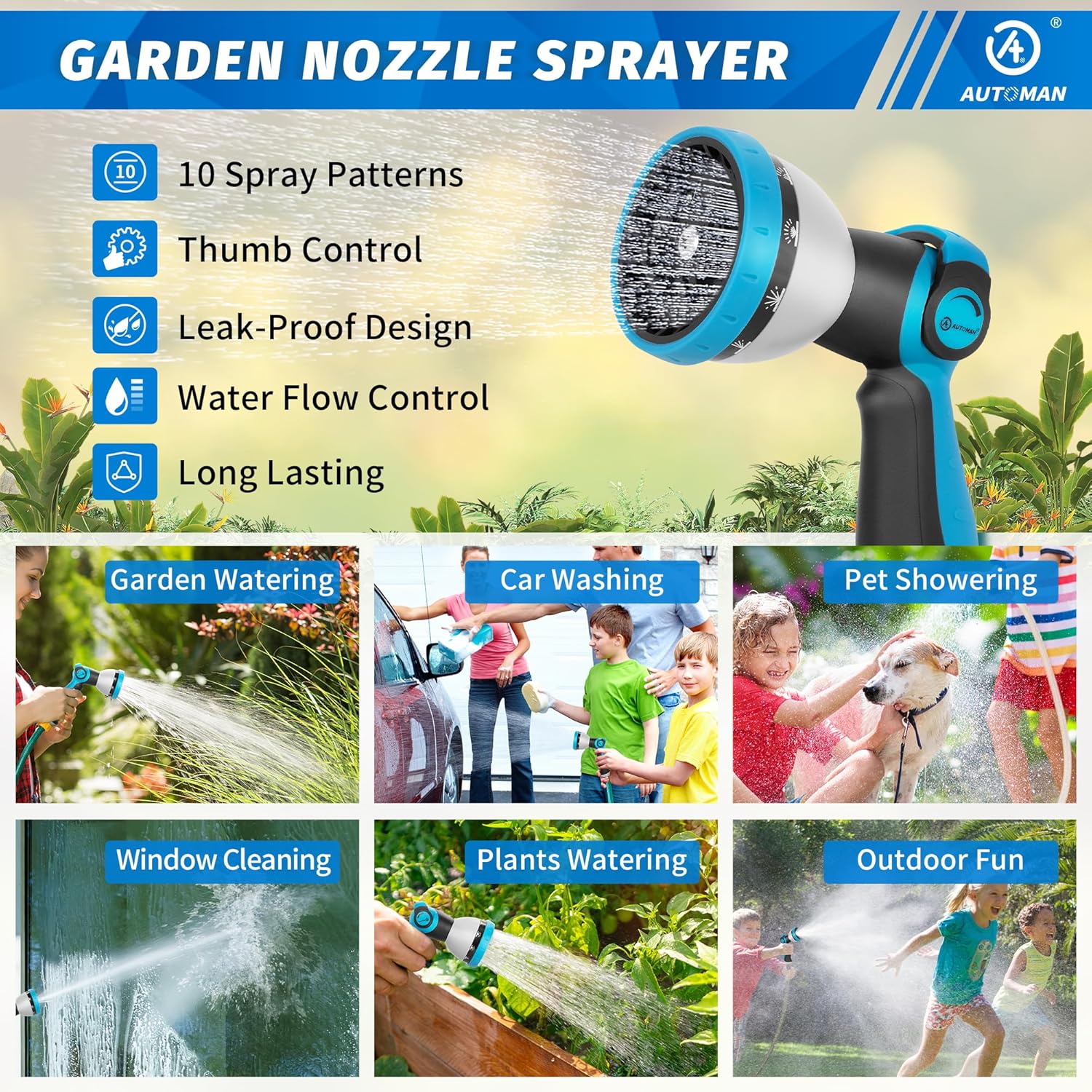 AUTOMAN Garden Hose Nozzle - 10 Adjustable Spray Patterns, Thumb Flow Control Hose Sprayer, Water Hose Spray Nozzle for Plants Watering, Car Washing, Window Cleaning, Pets Bathing, Outdoor Fun, Blue