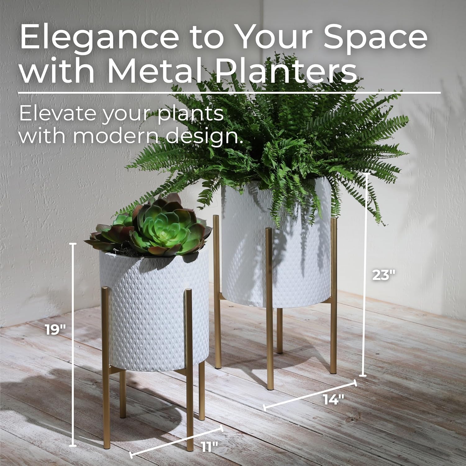 Set of 2 Metal Decorative Planter Pot with Gold Stand – Outdoor & Indoor Plant Pot with Embossed Textured Finish – Modern Garden & Home Decor Iron Planters – 23" & 19", White