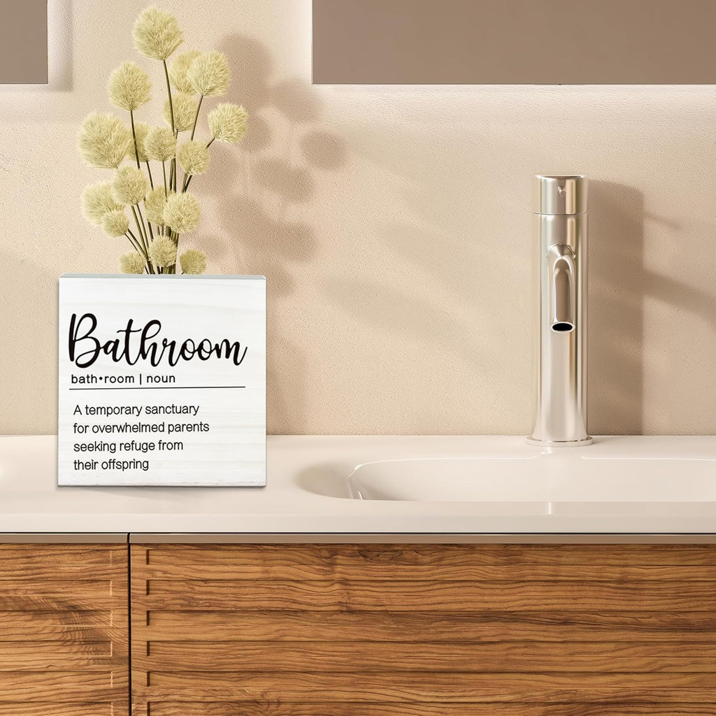 A Temporary Sanctuary For Overwhelmed Parents Wooden Sign - Funny White Block Plaque Desk Decoration-5x5 inches Rustic Wood Block Gifts For Friends Family-Bathroom Tabletop Favors & Supplies-A02