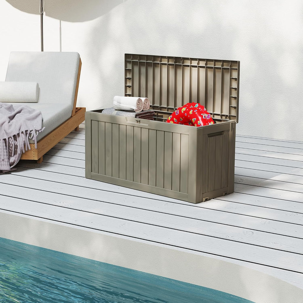 75 Gallon Waterproof Large Resin Deck Box Indoor/Outdoor Lockable Storage Container and Seating for Garden, Pool, and Patio (75 Gallon, Grey)