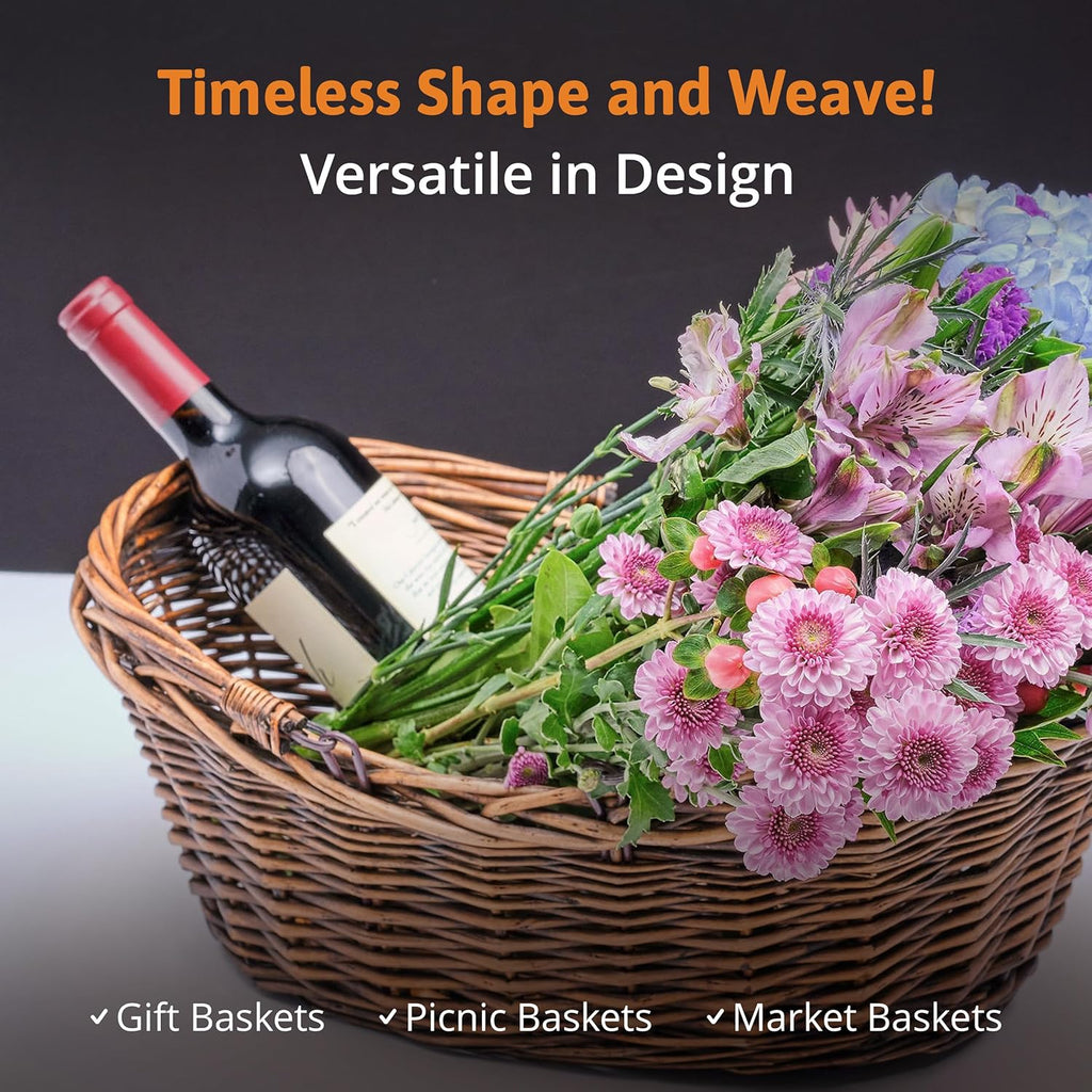 Wald Imports - Medium Light Brown Hand Woven Wicker Basket for Storage with Handles - Woven Basket - Wicker Baskets for Picnics, Easter, Organizing, and More (17 x 6.5 inches)