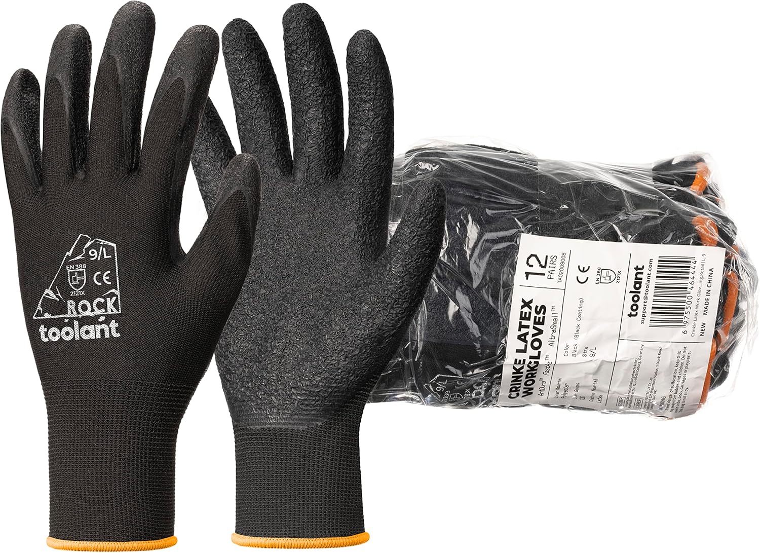 toolant Crinkle Latex Work Gloves Bulk, Rubber Coated Safety Work Gloves for Men and Women, 120 Pairs for Construction, Gardening, Warehouse (Black, Medium)