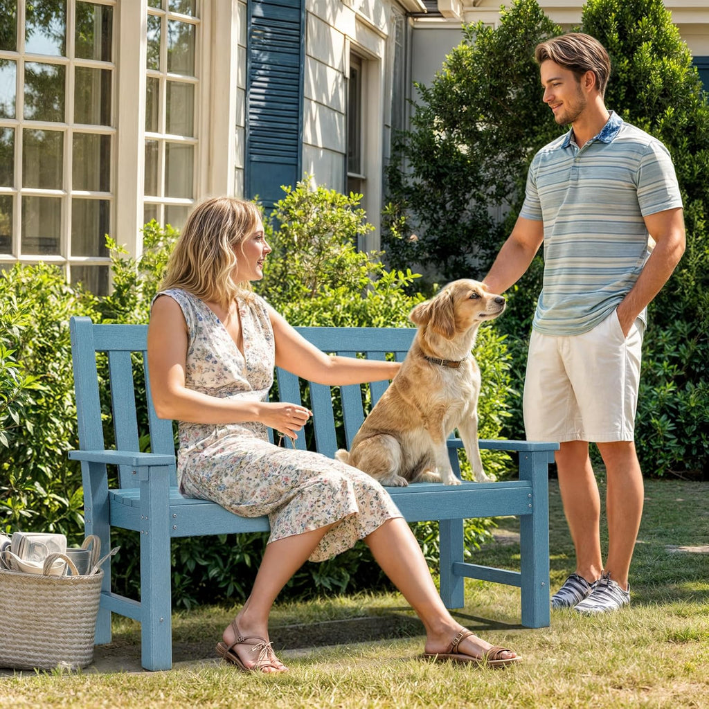 YITAHOME HDPE Garden Bench, All Weather Outdoor Bench w/Max Bearing 661LBS, 2-3 Persons Patio Bench Fade/Rot Resistance for Park, Porch, Patio & Backyard, Blue