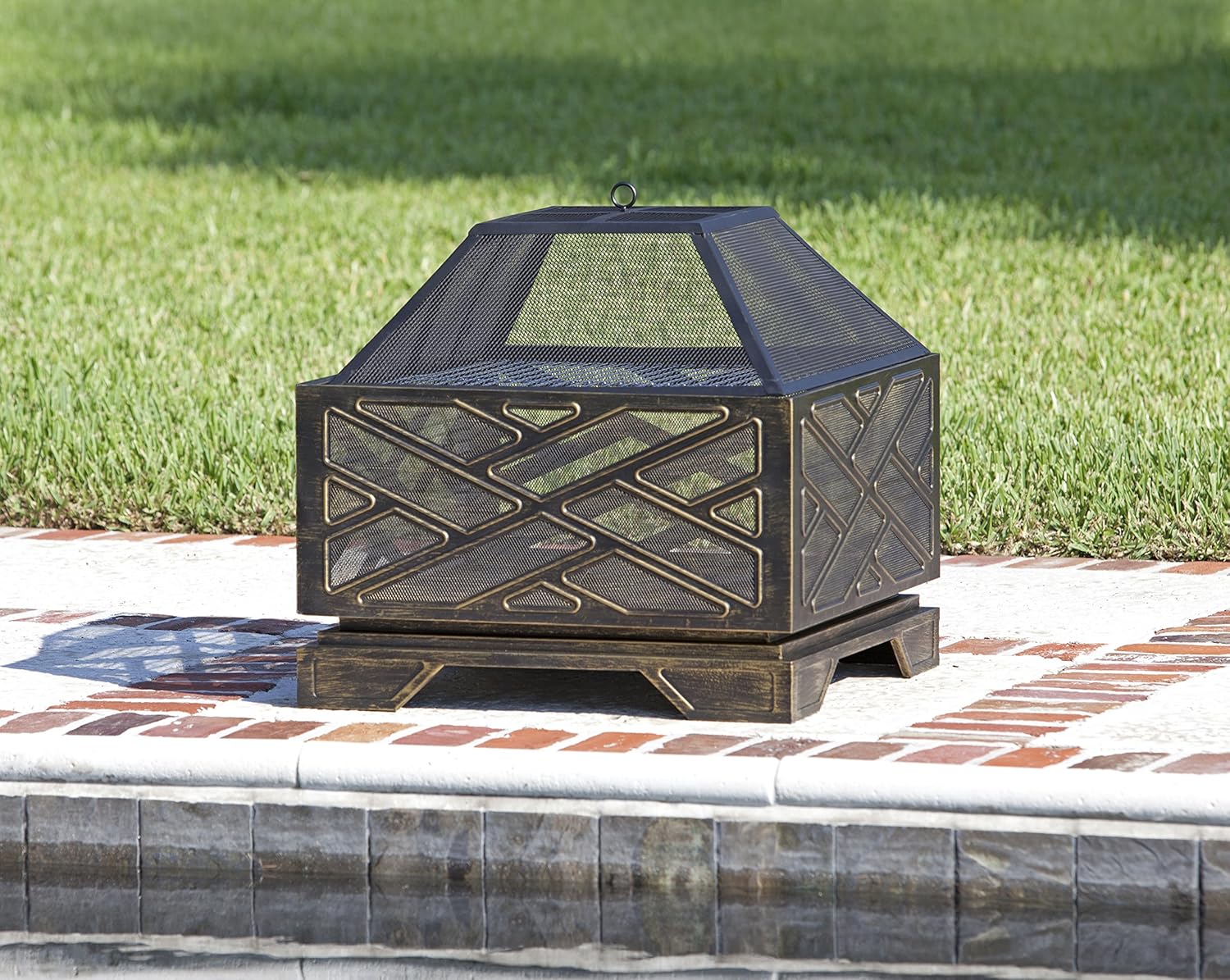 Fire Sense 62239 Fire Pit Catalano Wood Burning Lightweight Portable Outdoor Firepit Backyard Fireplace for Camping Bonfire Included Screen Lift Tool & Cooking Grate - Square - Antique Bronze Finish