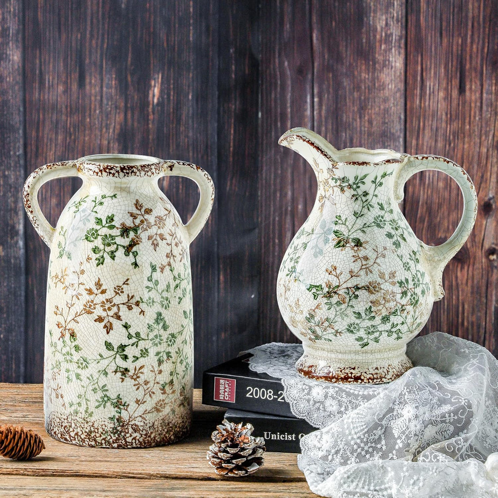 Enra Large Vintage Green Ceramic Vase and Pitcher for Home Decor, 9.7 Inch Rustic Chinoiserie Decorative Vases, Green and Beige Ceramic Vases for Living Room, Kitchen, Office – Large Vases for Decor