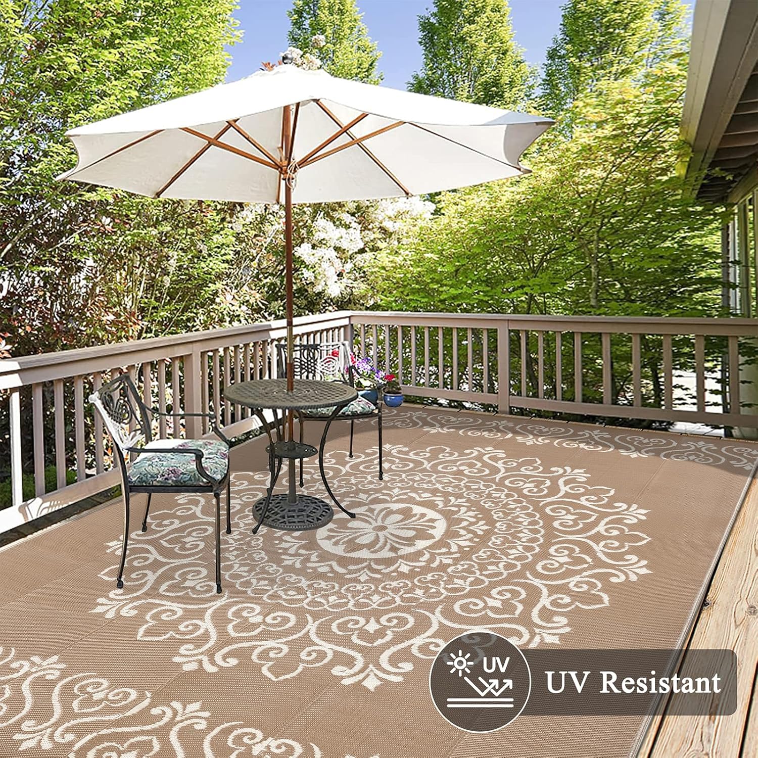 Pauwer Waterproof Outdoor Rug 9x12, Reversible Plastic Straw Patio Camping Rug, Indoor Outdoor RV Mat Carpet for Deck, Camper, Porch, Balcony, Backyard, Picnic, Floral Brown