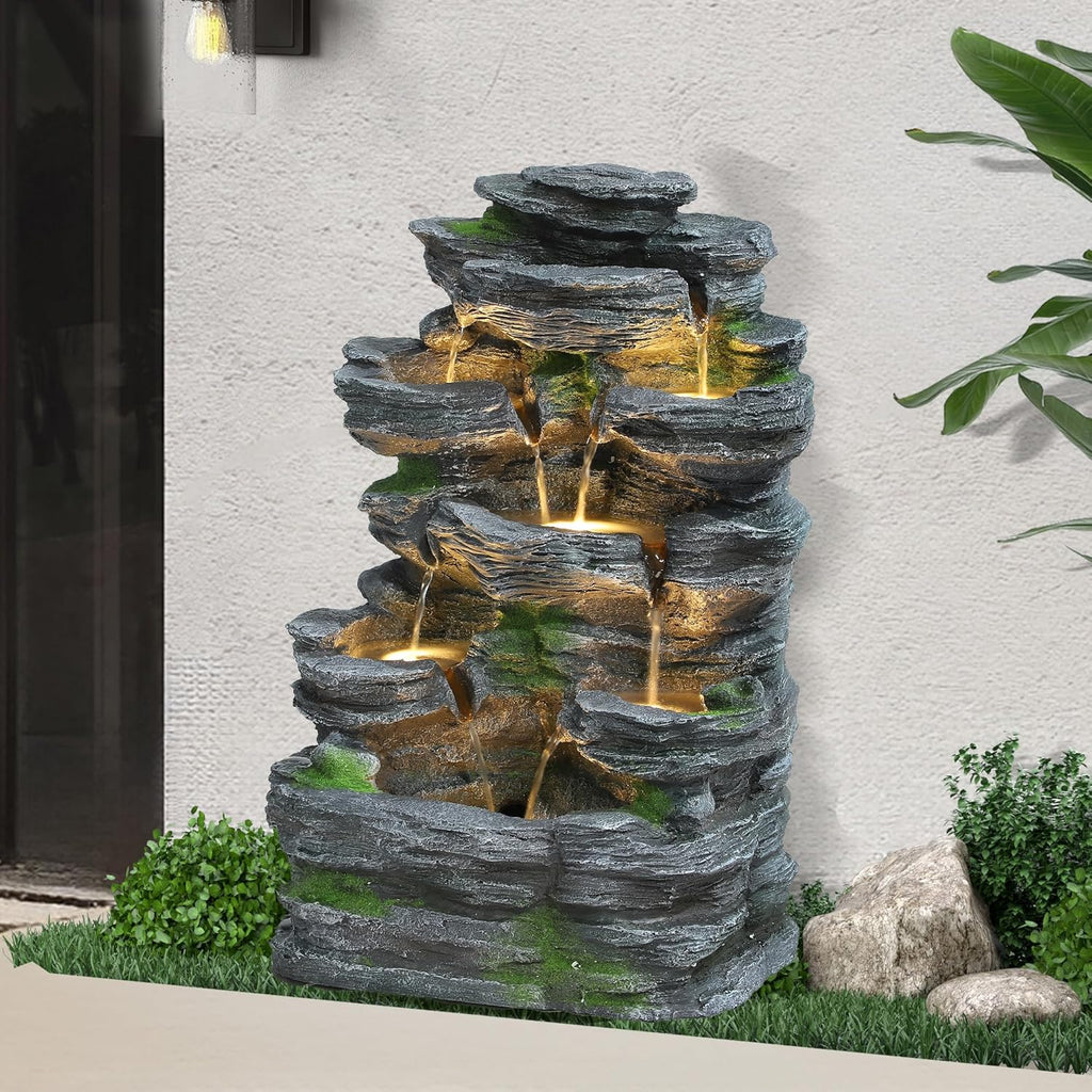 Cascading Rock Water Fountain Outdoor - Waterfalls Fountains with LED Lights, Outdoor/Indoor Resin Fountain for Patio, Garden, Backyard, Deck, Porch, Home Art Docor (24" H)