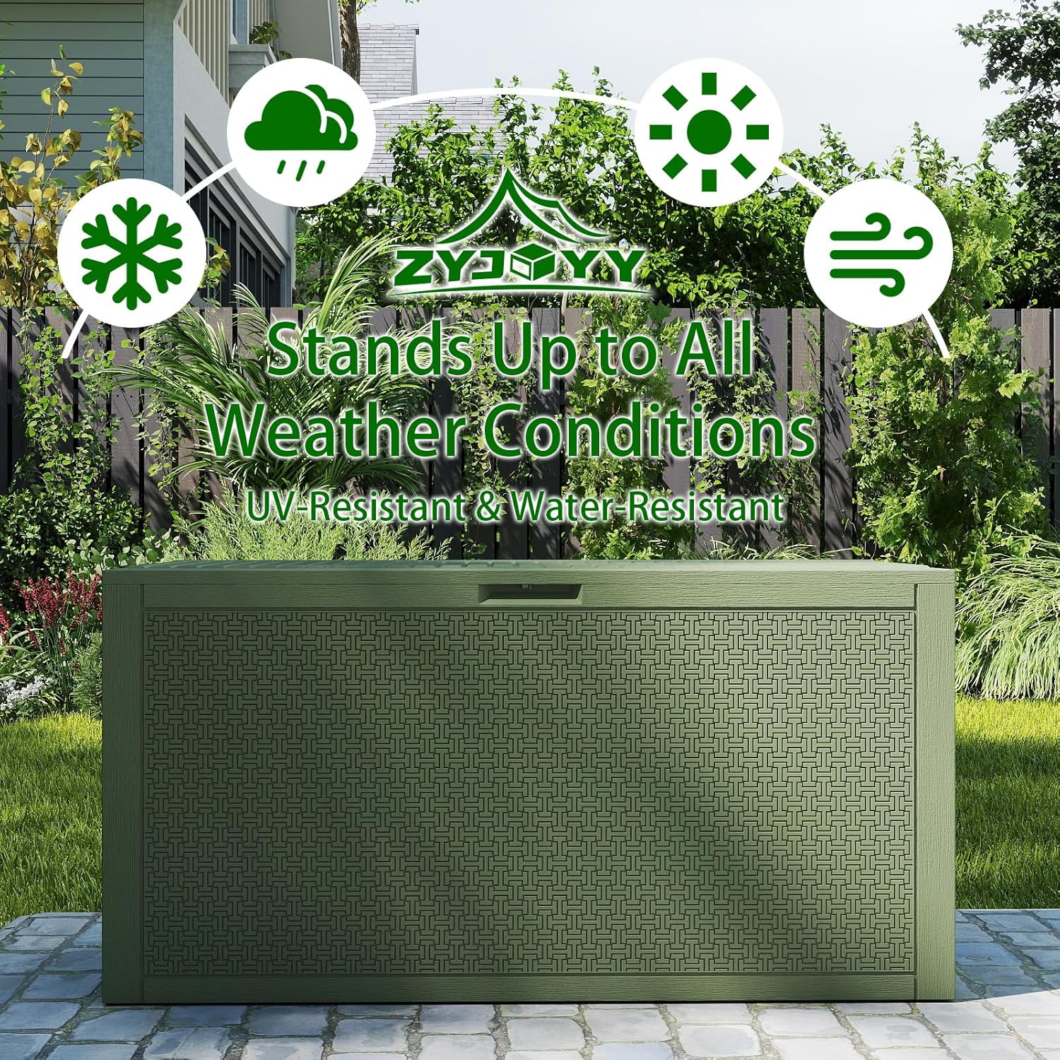 Outdoor Storage Box, 90 Gallon Deck Box, Waterproof Resin Storage Bin for Patio Cushions, Gardening Tools, Lockable, UV Resistant,Olive Green