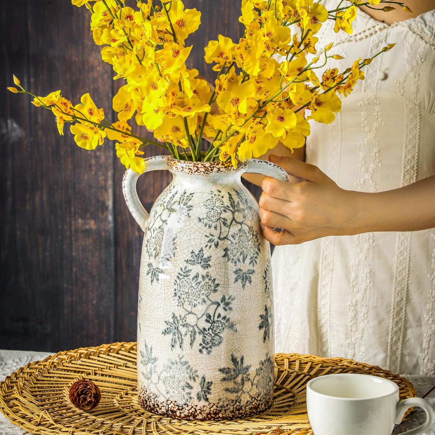 Enra Tall Vintage Blue and White Ceramic Vase with Handle, 11.2 Inch Chinoiserie Decorative Floral Vase, Large Rustic Ceramic Vase for Living Room, Office, Bookshelf, Home Decor