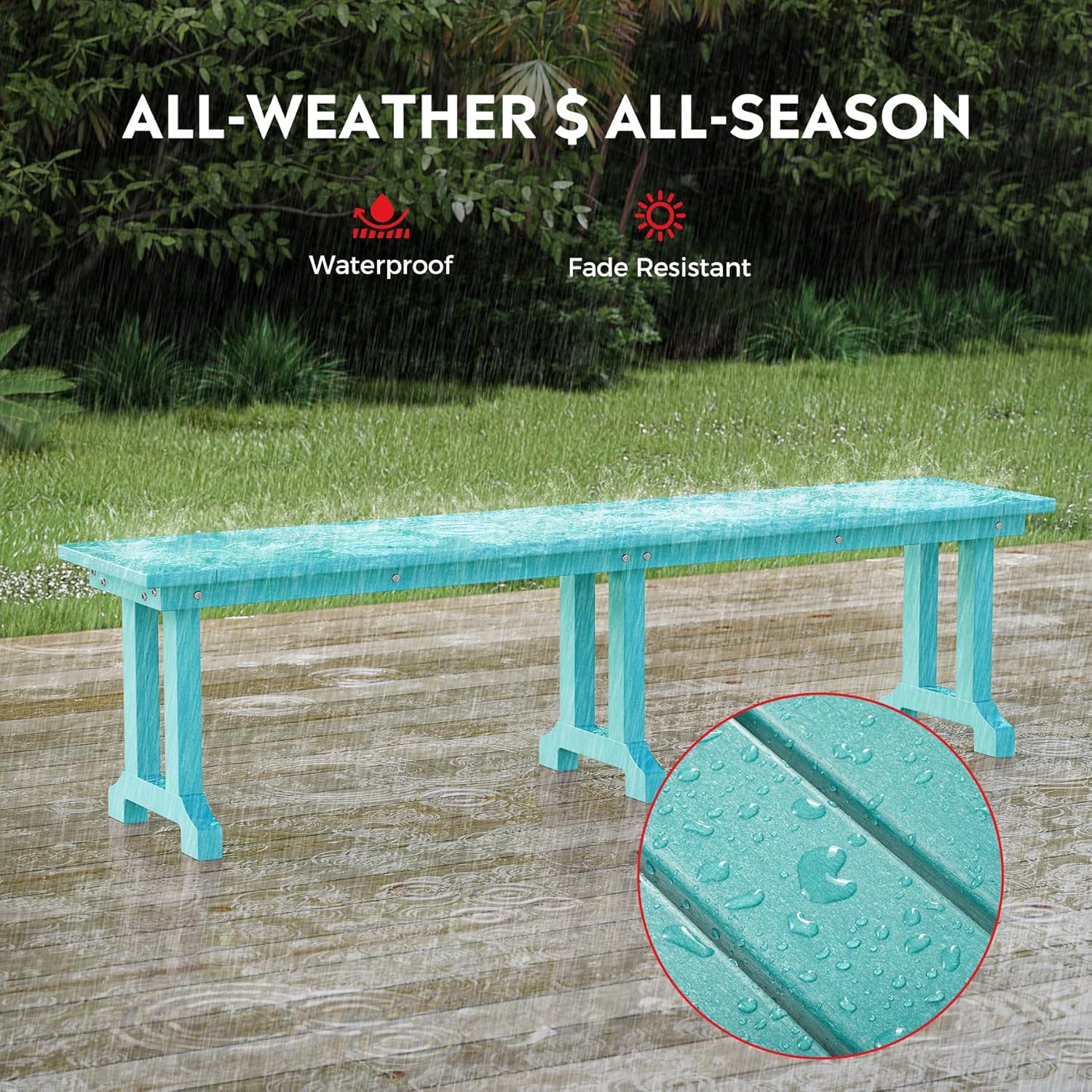 Outdoor Benches Weatherproof, Park Long Bench Poly Lumber Backless for Entryway Front Porch Garden Bench Seat for Patio, Turquoise