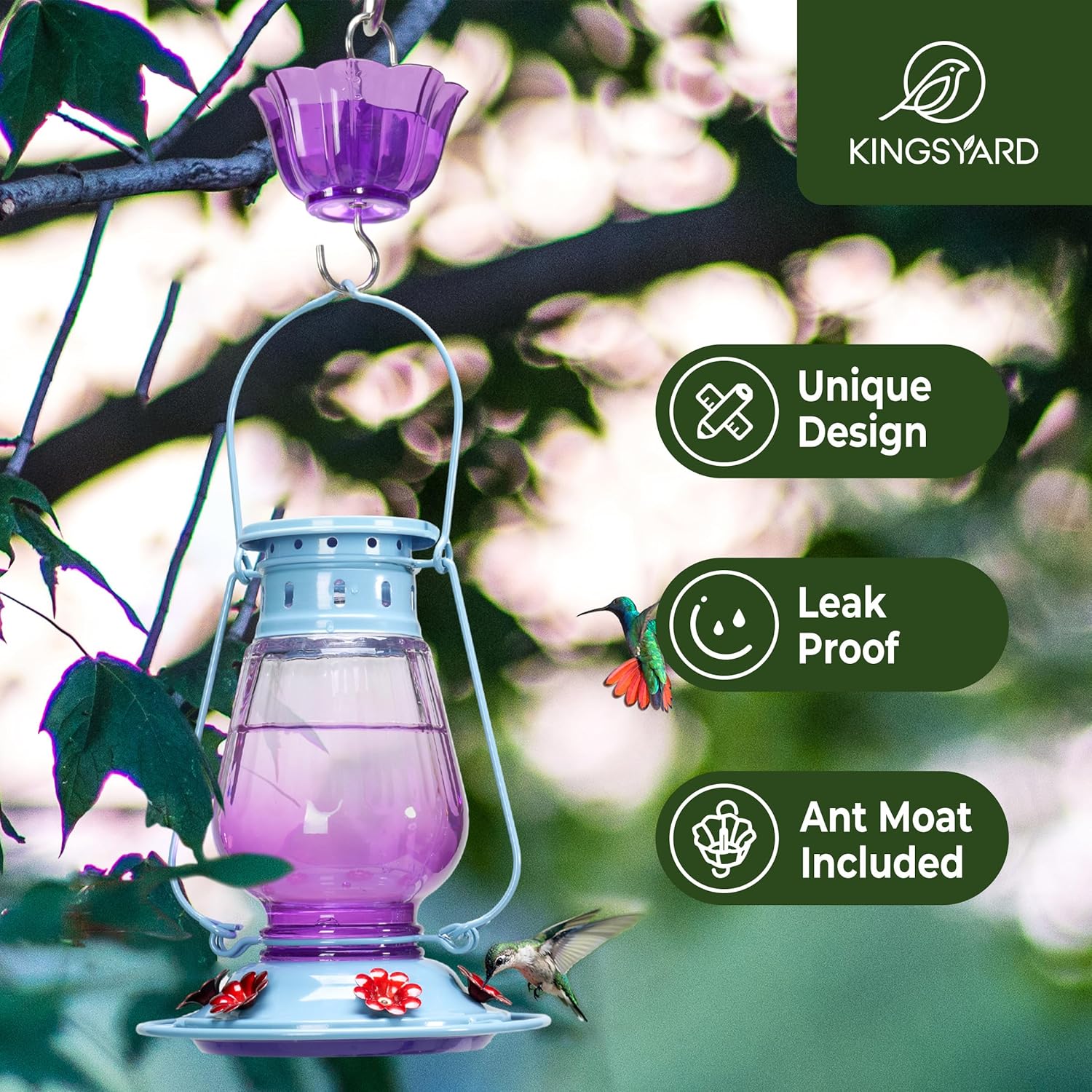 Kingsyard Glass Hummingbird Feeder for Outdoors Hanging - Vintage Lantern Style Leak-Proof Humming Bird Nectar Feeder with 6 Feeding Ports & Ant Moat for Outdoor Garden Decor, 24 Ounce, Purple