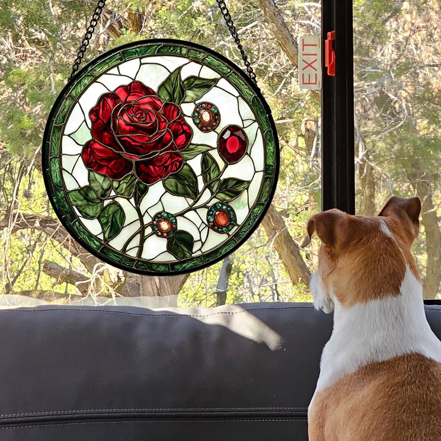 Stained Glass Window Hanging, Red Rose Gemstone Green Sun Catchers Diamond Glass Panel Hangings Suncatcher Decor for Birthday for Women, Men, Wife, Aunt, and Mom 14.9x14.9 in