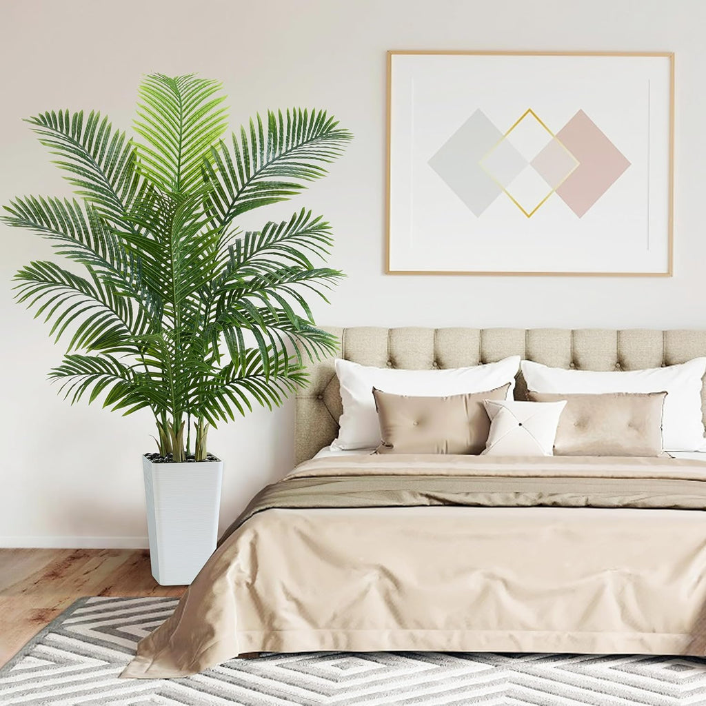 Artificial Palm Tree：5FT Tropical Fake Silk Plant UV Resistant Faux Areca Palm with White Planter & Black Pebbles for Home Office Living Room Decor Indoor Patio Porch Balcony (5FT,1-Pack,White)