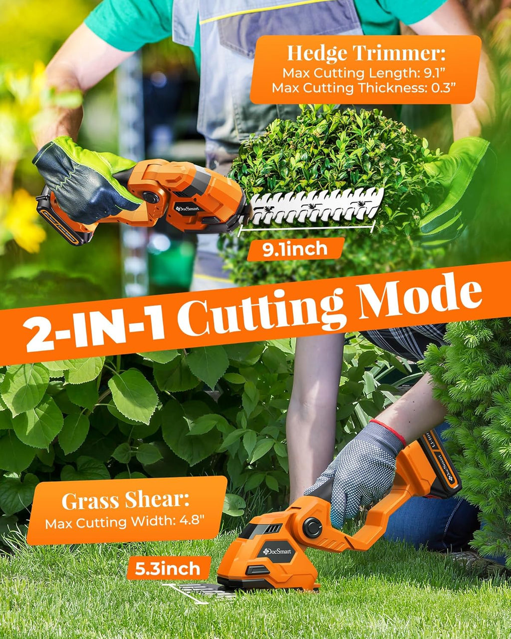 Hedge Trimmer Cordless with Battery, 2-in-1 Electric 21V Handheld Grass Shear Cutter with 2 Pack Rechargeable Battery, Mini Bush Trimmer Kit for Garden Yard Lawn Pruning, Orange